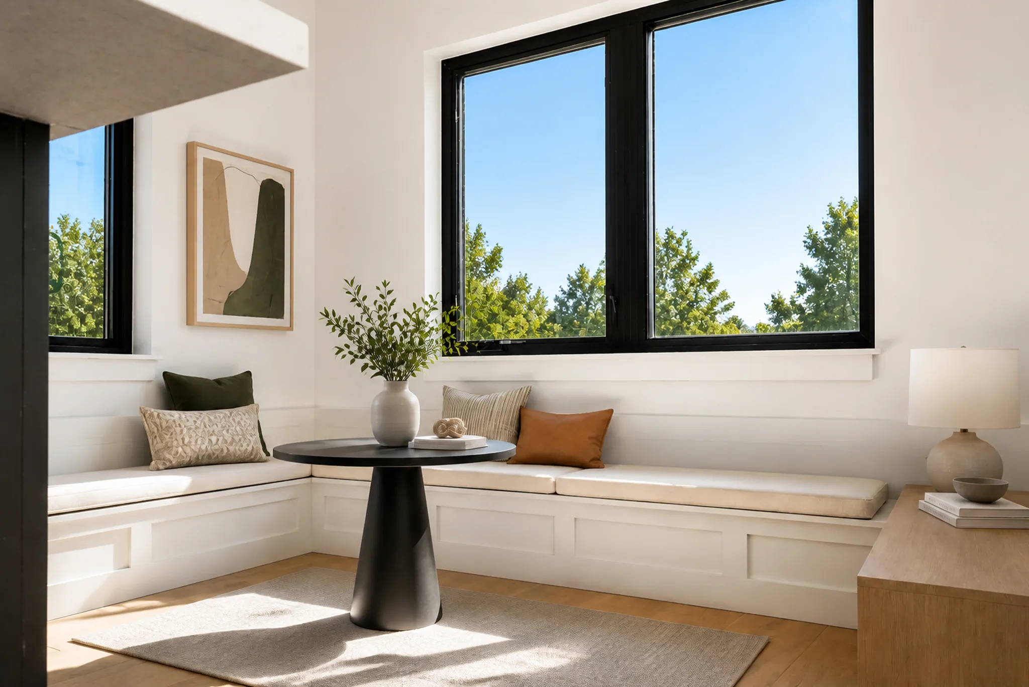 White L-shaped built-in bench nook with black pedestal table, abstract framed art, colorful throw pillows, and large black-framed windows with tree views