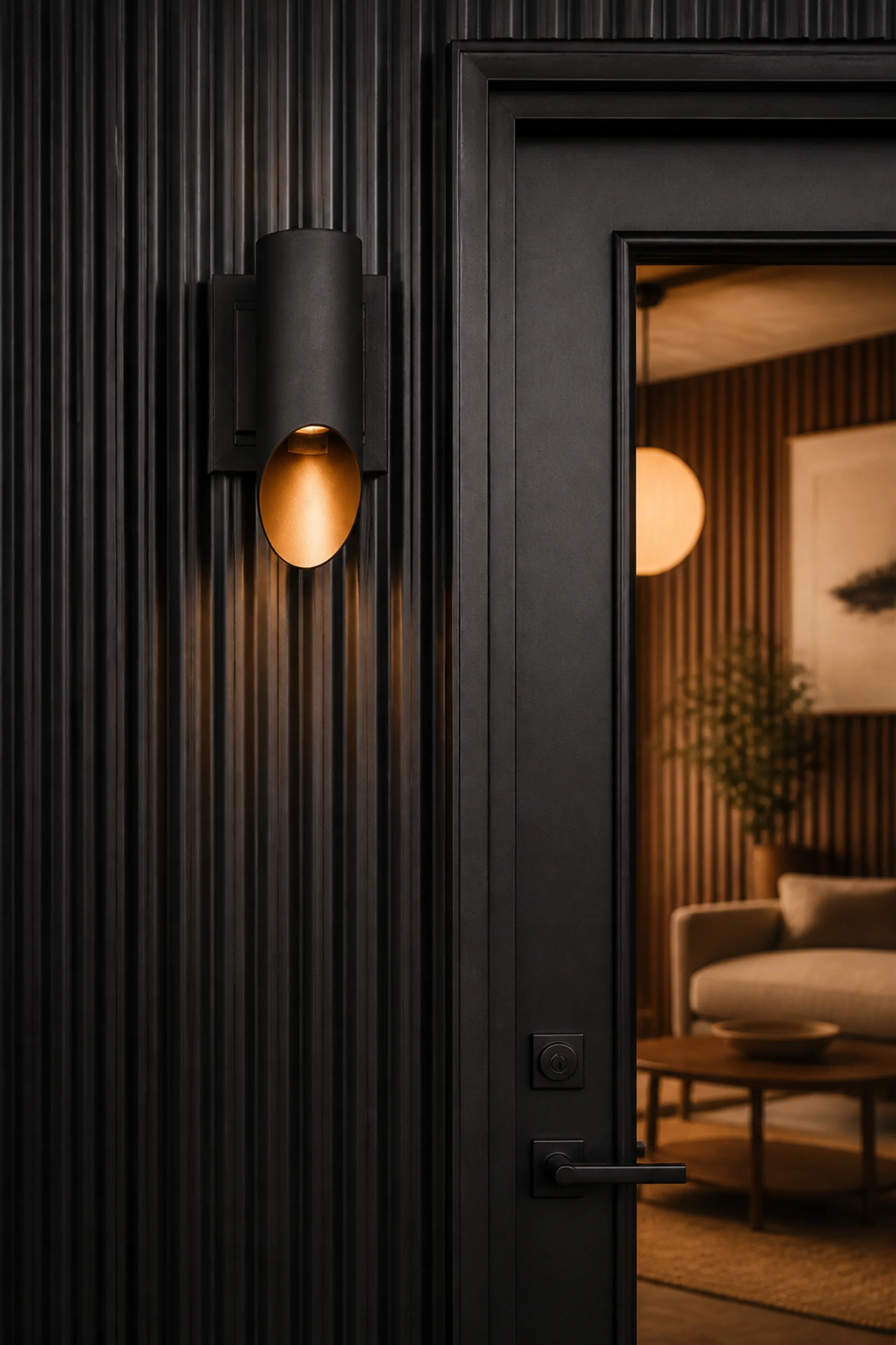 Black corrugated metal siding with black entry door, wall-mounted cylinder sconce with warm gold light, and warm interior visible through door with wood slatted panels and globe pendant