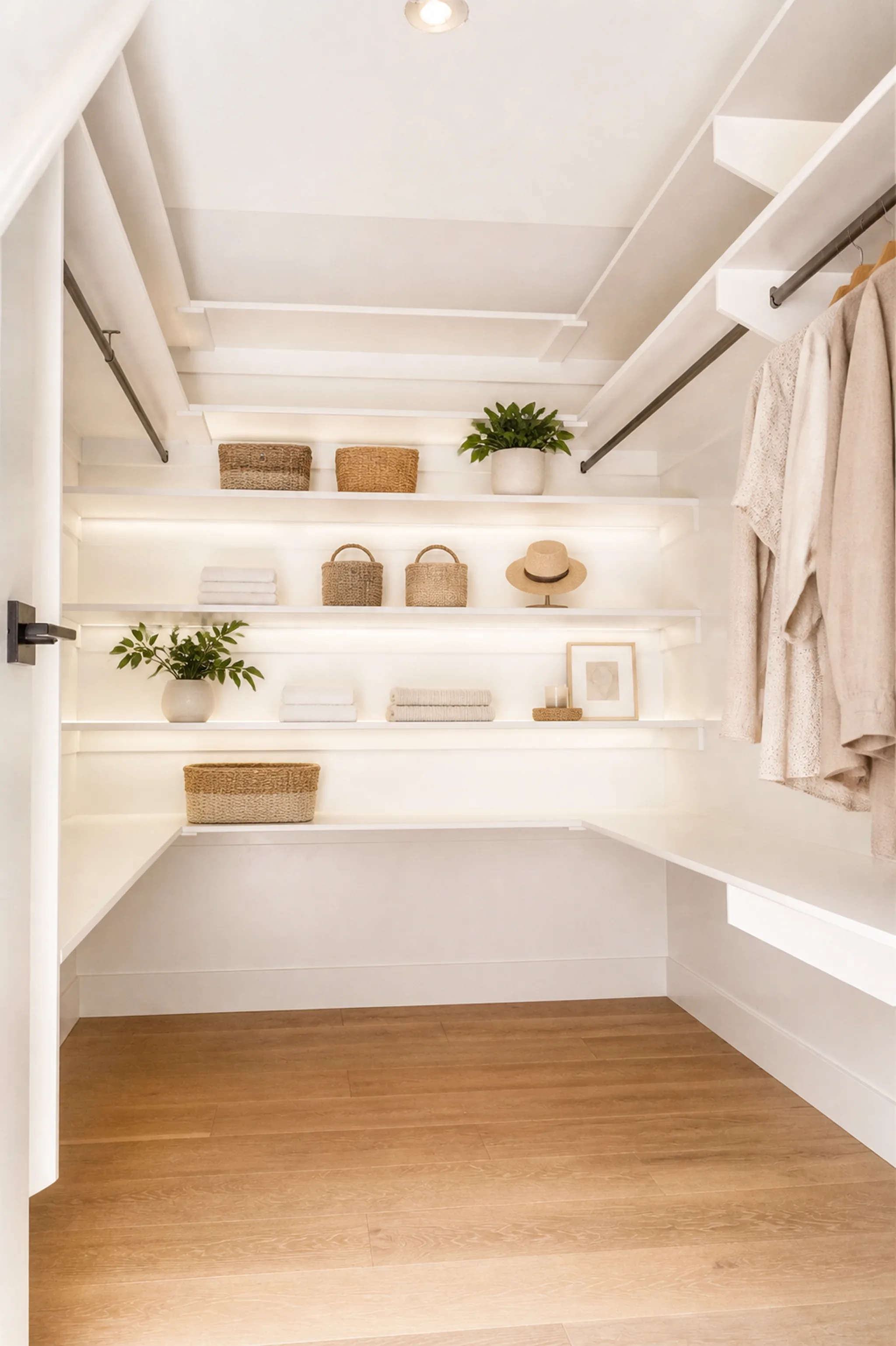 Walk-in closet with white built-in shelving, LED under-shelf lighting, woven baskets and accessories, hanging clothes section, and light wood floors
