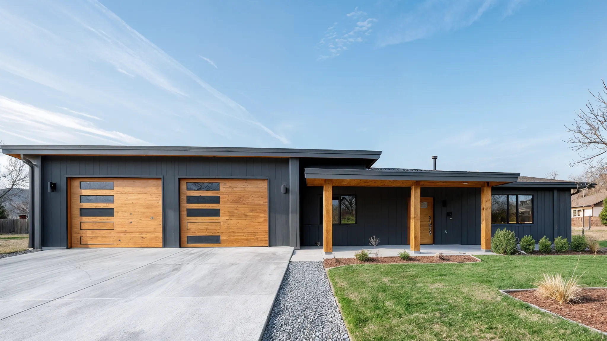 Single-story home with charcoal vertical metal siding, warm cedar garage doors with horizontal slat pattern, covered entry porch with cedar posts, and manicured lawn