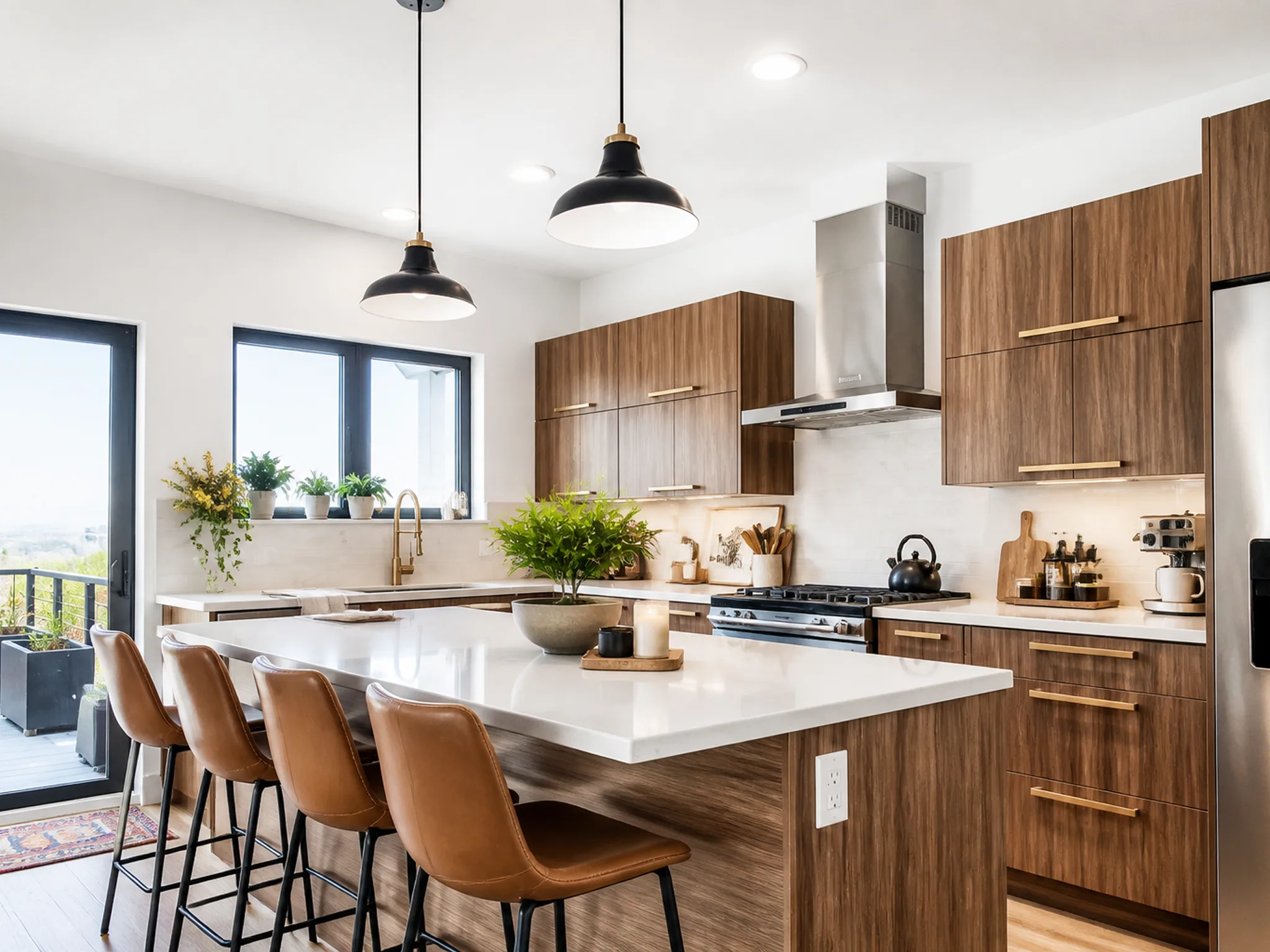 Modern kitchen with warm walnut cabinetry, large white quartz island, brown leather bar stools, black dome pendant lights, stainless chimney hood, and windows with outdoor patio views