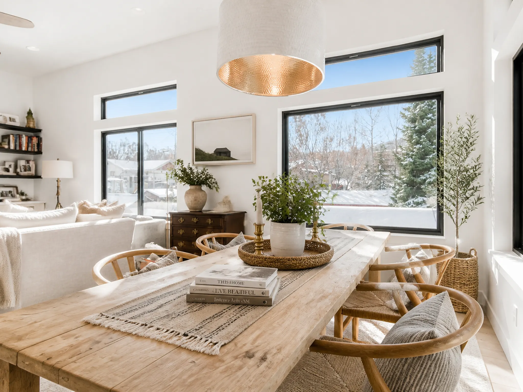 Bright dining area with rustic reclaimed wood dining table, rattan chairs, large gold dome pendant, and black-framed windows with snowy landscape views