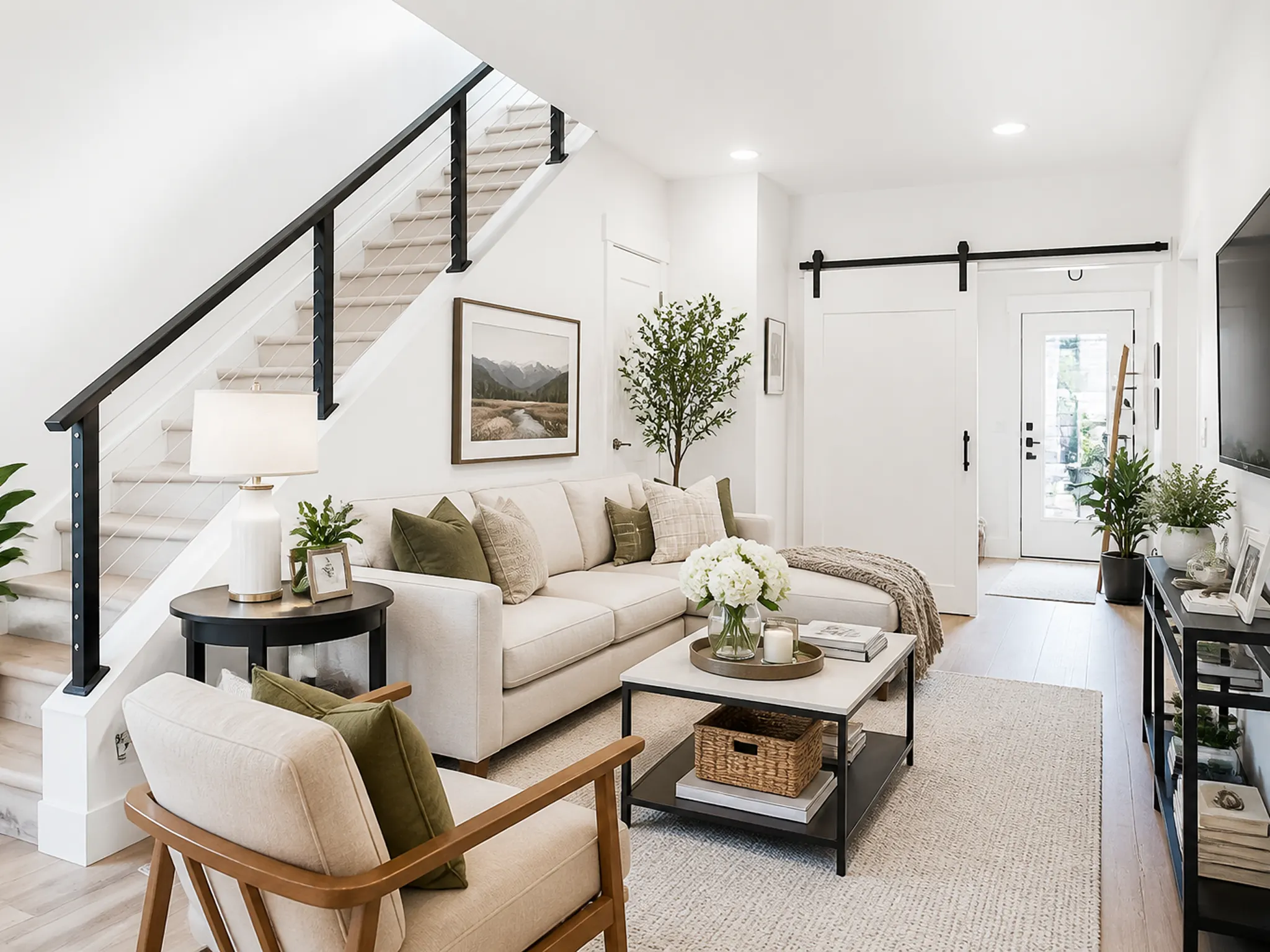 Light-filled living room with cream sofa, wood armchair, black metal stair railing, sliding barn door, framed landscape art, and glass entry door with greenery