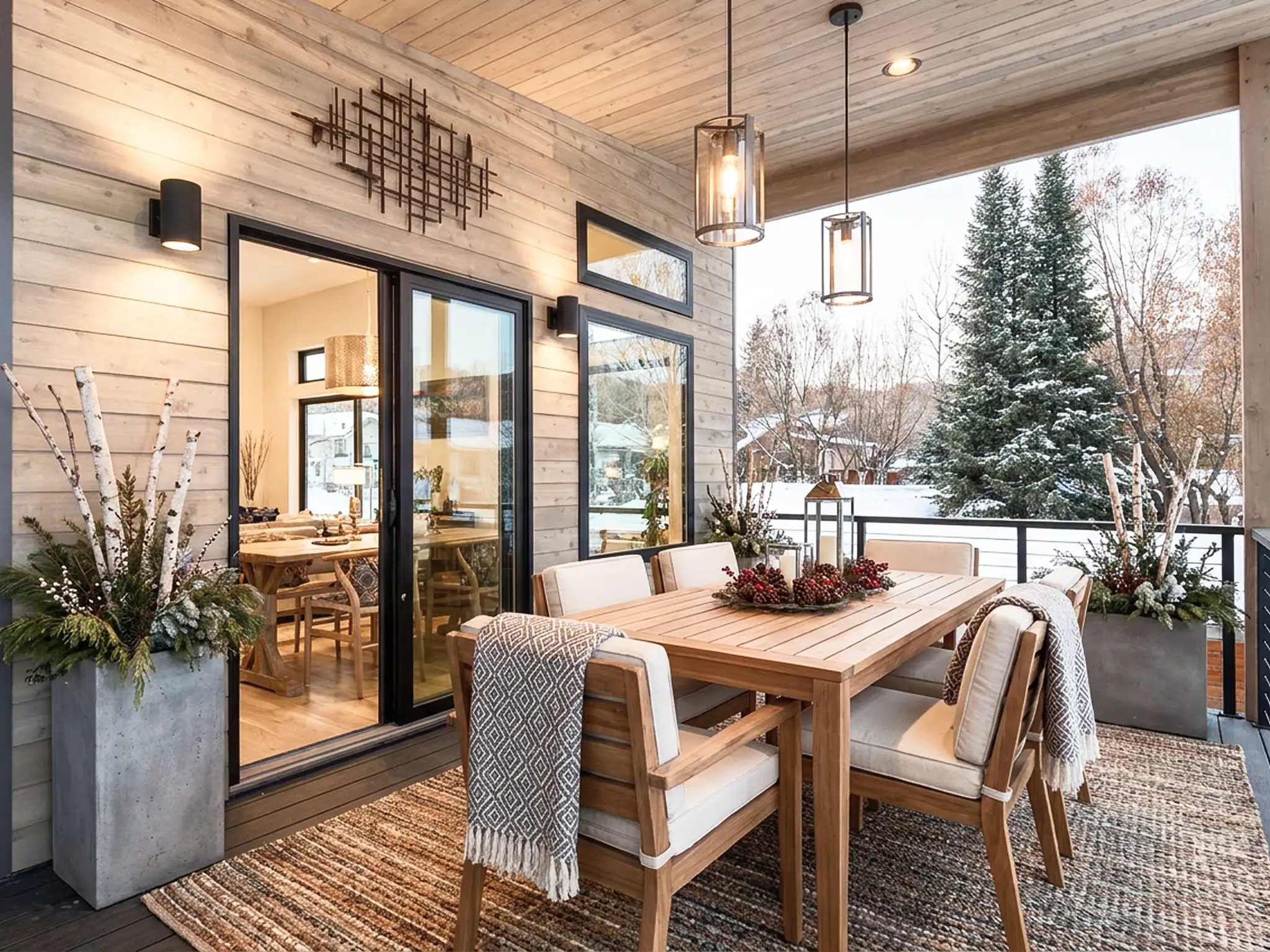 Covered outdoor dining area with warm cedar ceiling, teak dining table and chairs, pendant lanterns, black-framed sliding glass doors to interior, and snowy pine tree backdrop