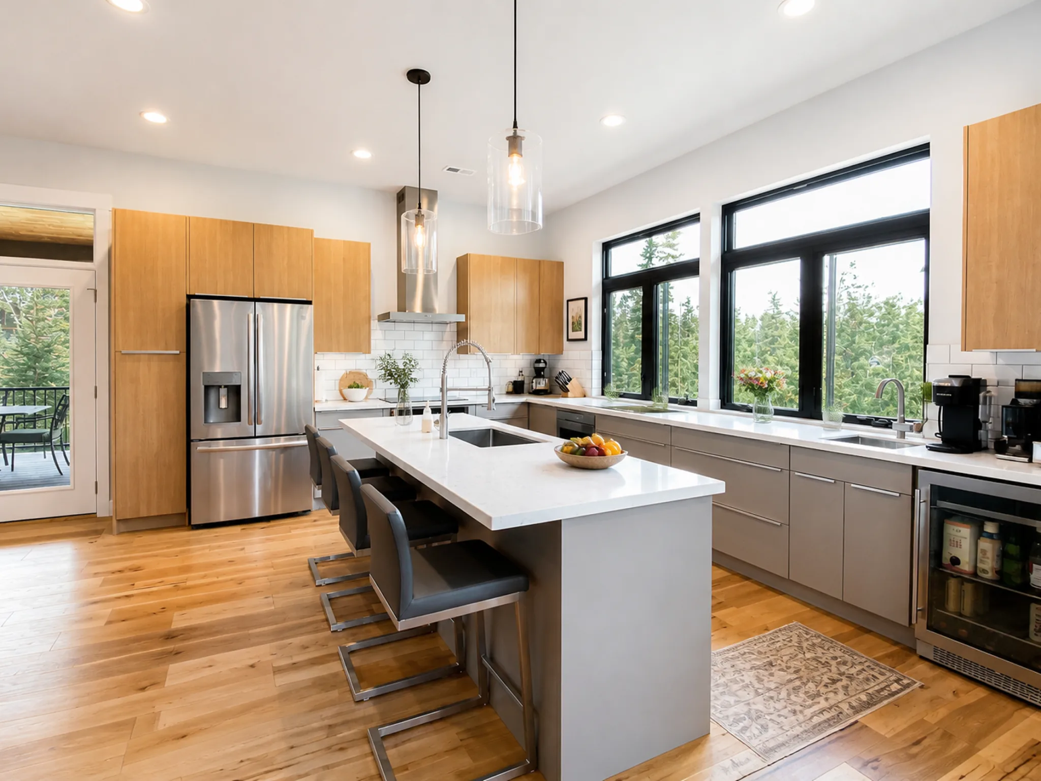 Kitchen with gray island, glass pendant lights, warm honey wood upper cabinetry, white quartz countertops, stainless refrigerator, subway tile backsplash, and black-framed windows with pine views