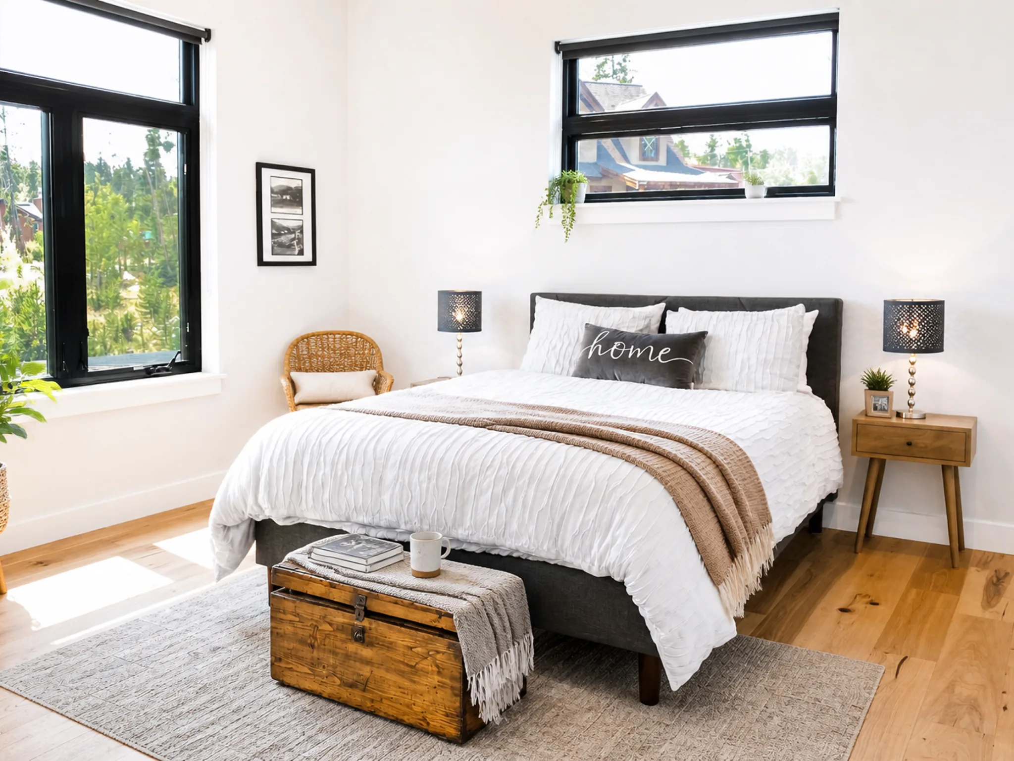 Bright bedroom with dark gray upholstered bed, white linen bedding, rattan chair, black-framed windows with pine tree views, and vintage trunk at foot of bed
