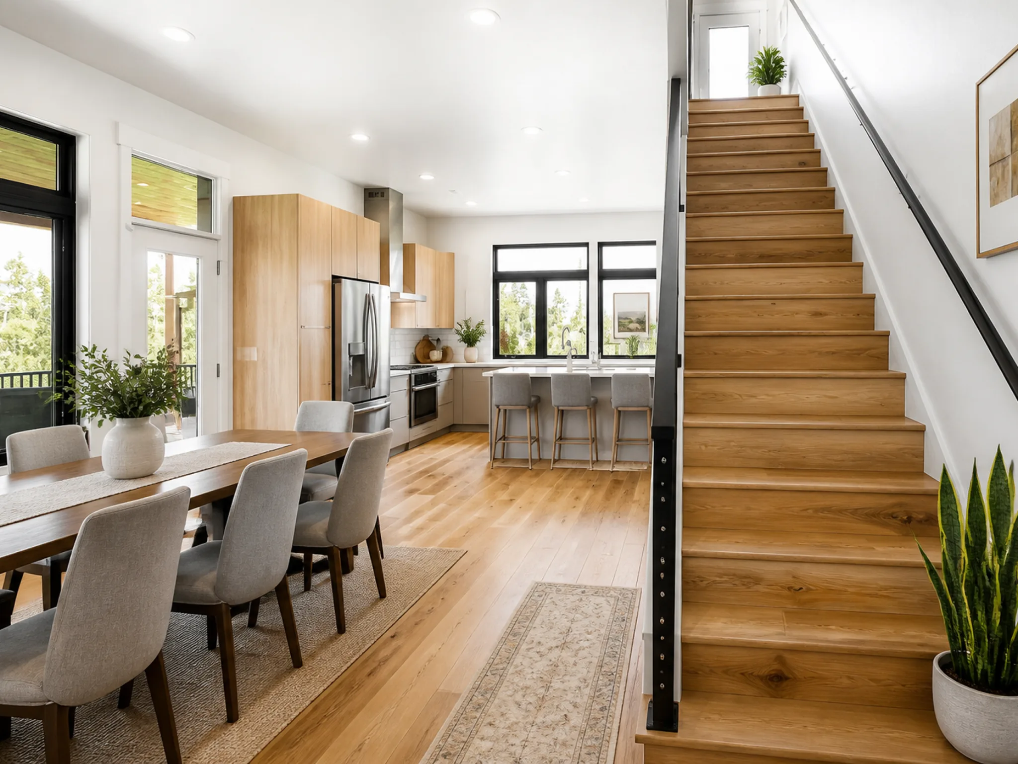 Open-plan main floor with dining table and chairs, light wood staircase with black metal railing, kitchen with stainless appliances in background, and black-framed windows