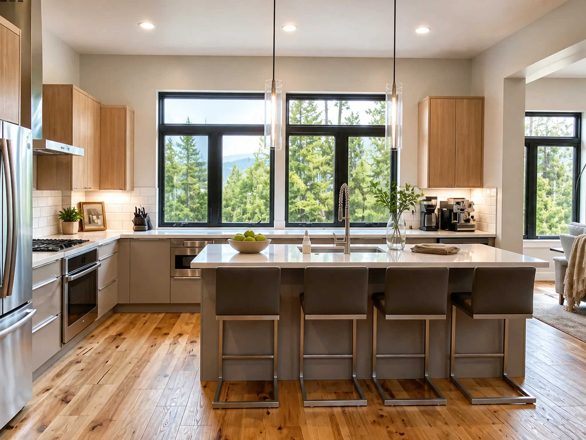 Kitchen with gray island and chrome bar stools, light wood upper cabinetry, white quartz countertops, and black-framed windows with pine forest views