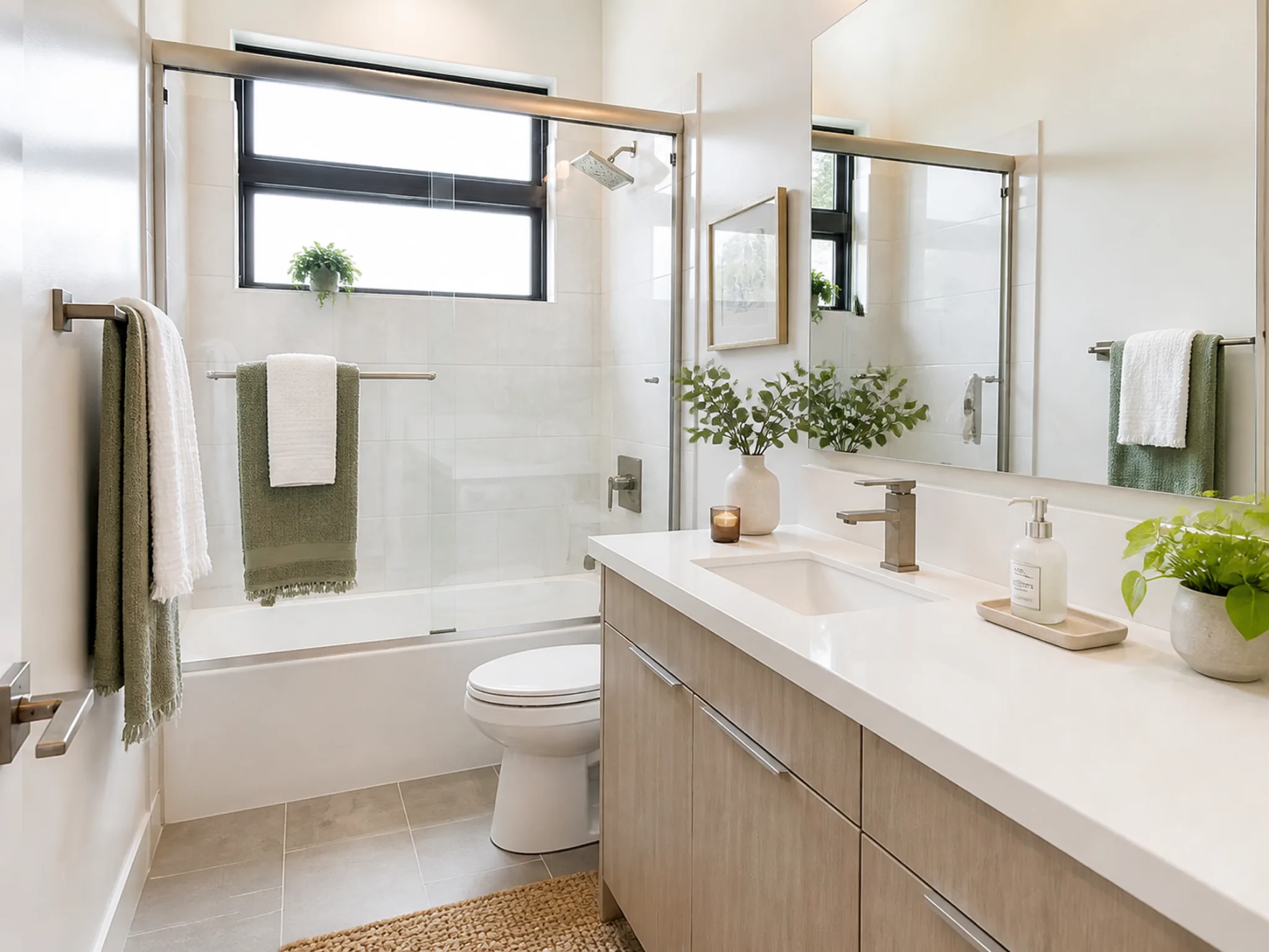 Bathroom with light wood vanity, white countertop, tub and shower combo with white tile, black-framed window, large mirror, green towels, and potted plants