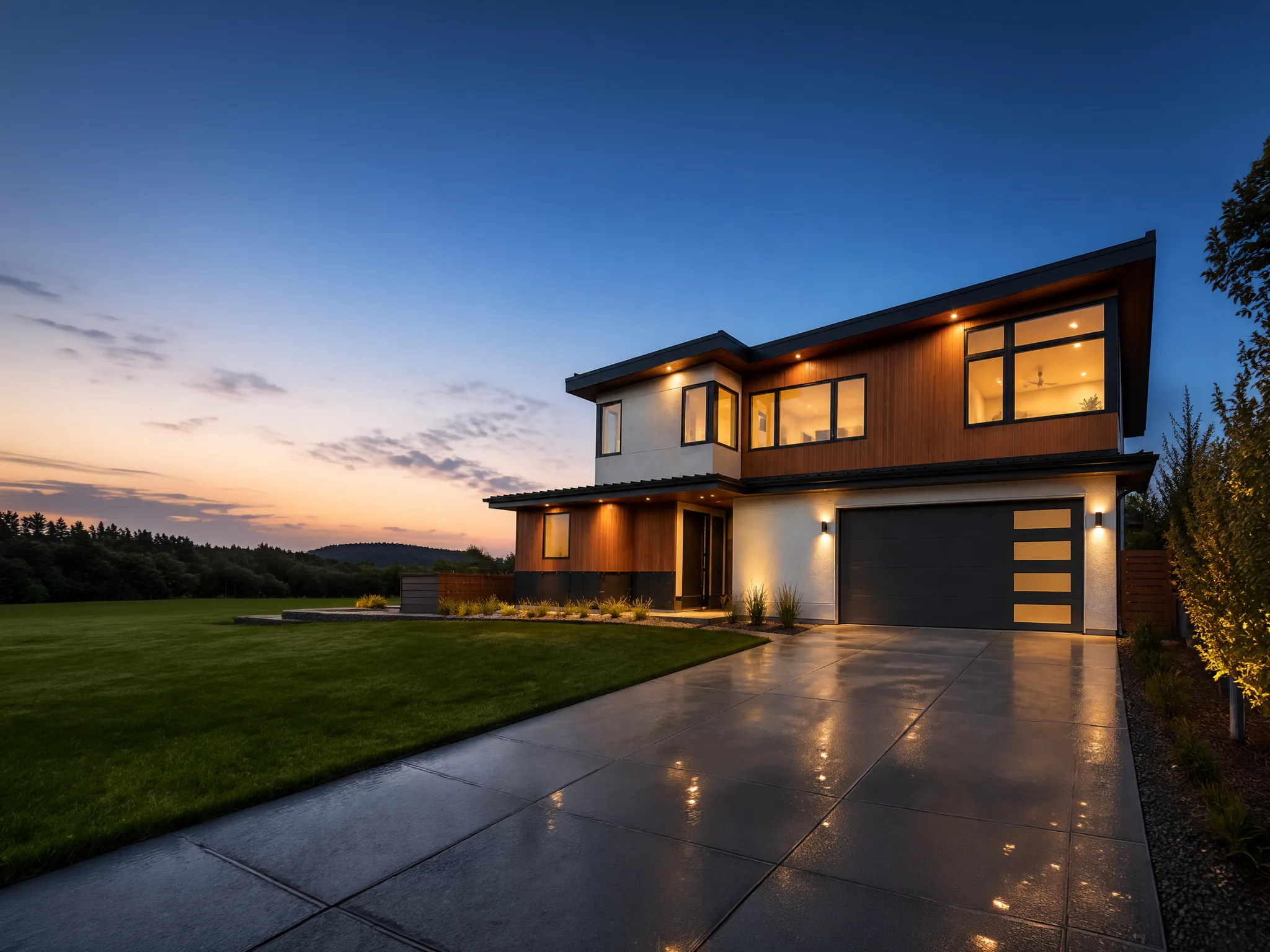 Two-story modern home with contrasting wood and white stucco exterior, wide driveway, and manicured lawn on an open lot at dusk