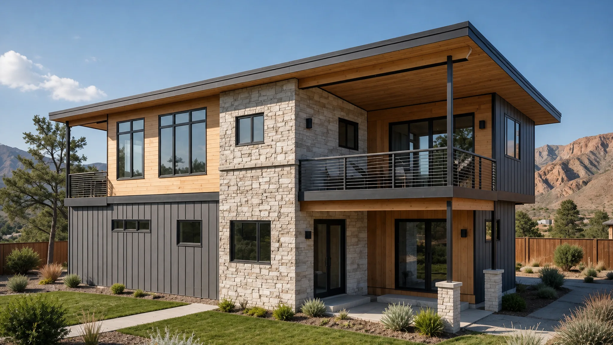 Two-story home with mixed stone, warm wood, and gray vertical metal siding, native plant landscaping and stone pathway, and mountain backdrop
