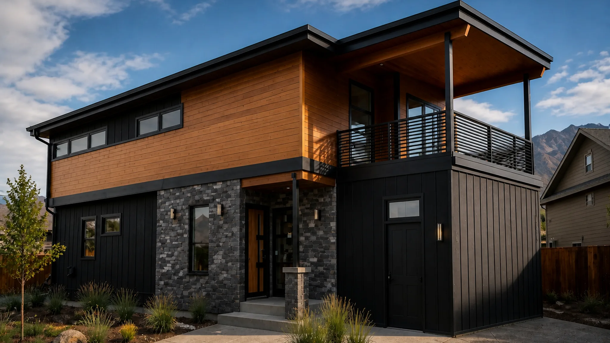 Two-story home with black vertical siding, warm cedar upper section, stone accent entry column, upper balcony with metal railing, and mountain backdrop at golden hour