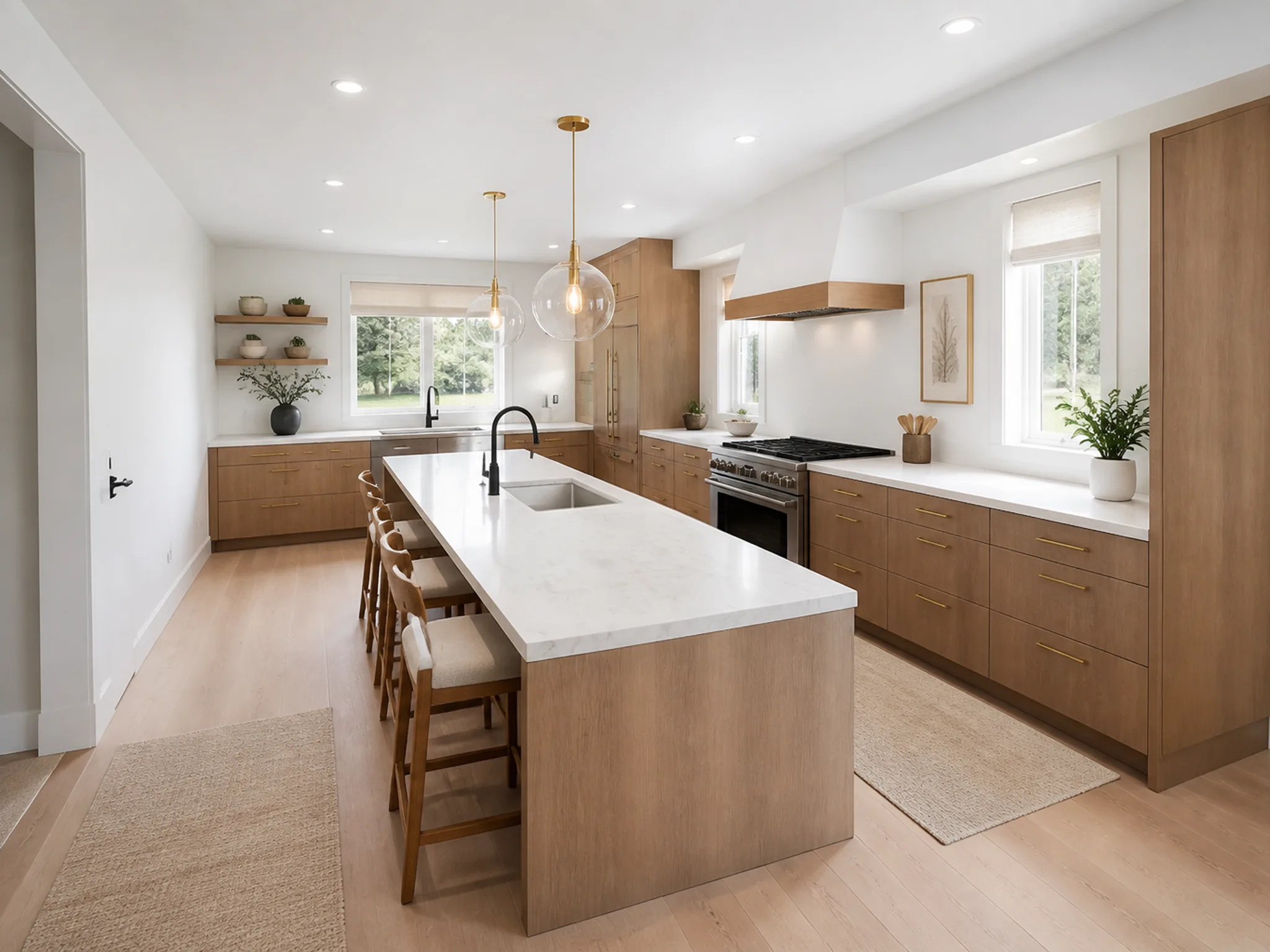 Open kitchen with large white quartz island and bar seating, warm wood flat-panel cabinetry, gold globe pendant lights, black sink faucet, open shelving with plants, and light hardwood floors