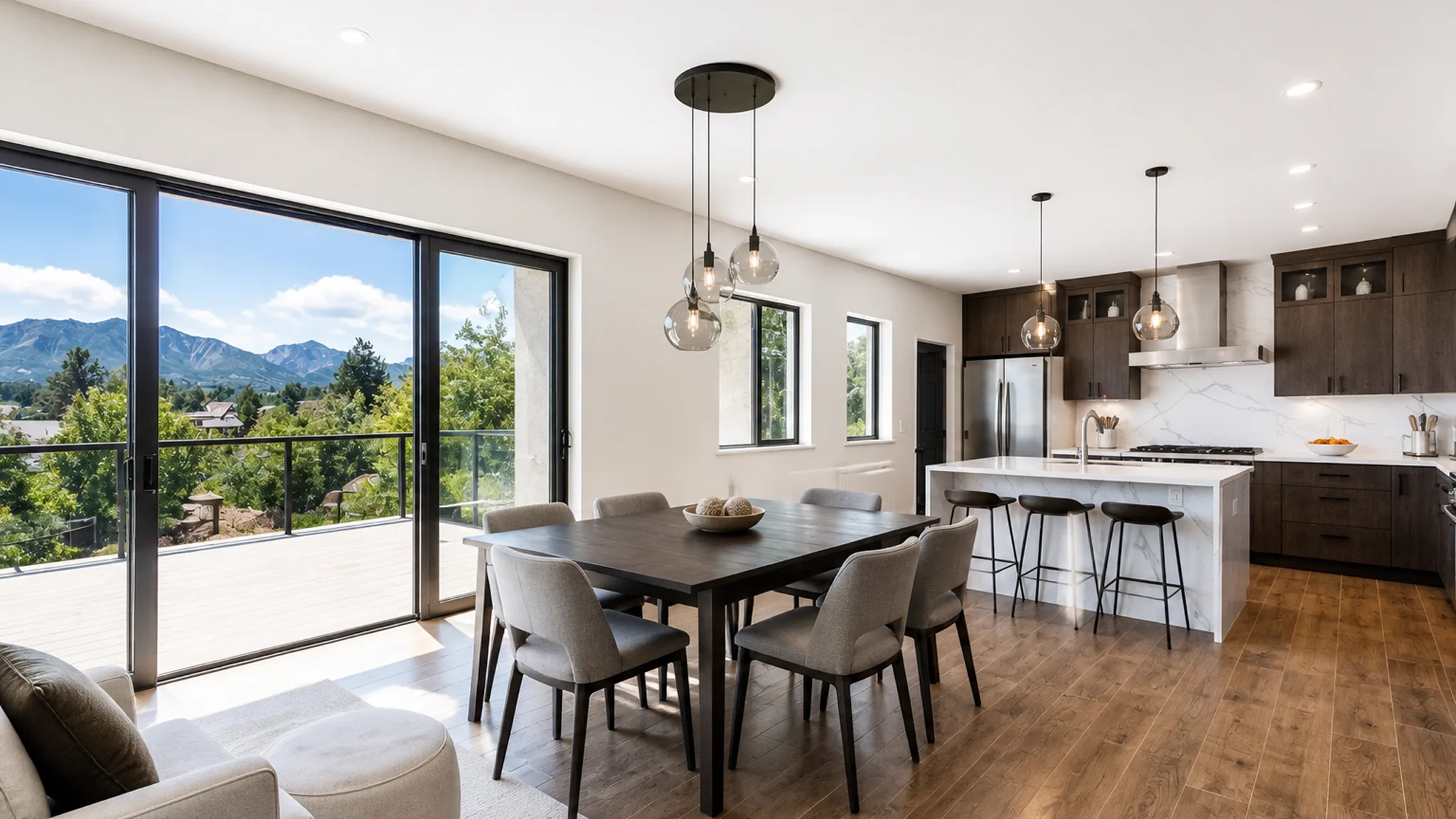 Open dining and kitchen area with black pendant lights, dark wood dining table and gray chairs, dark wood cabinetry, white quartz island, stainless refrigerator, and large sliding glass doors with mountain and tree views