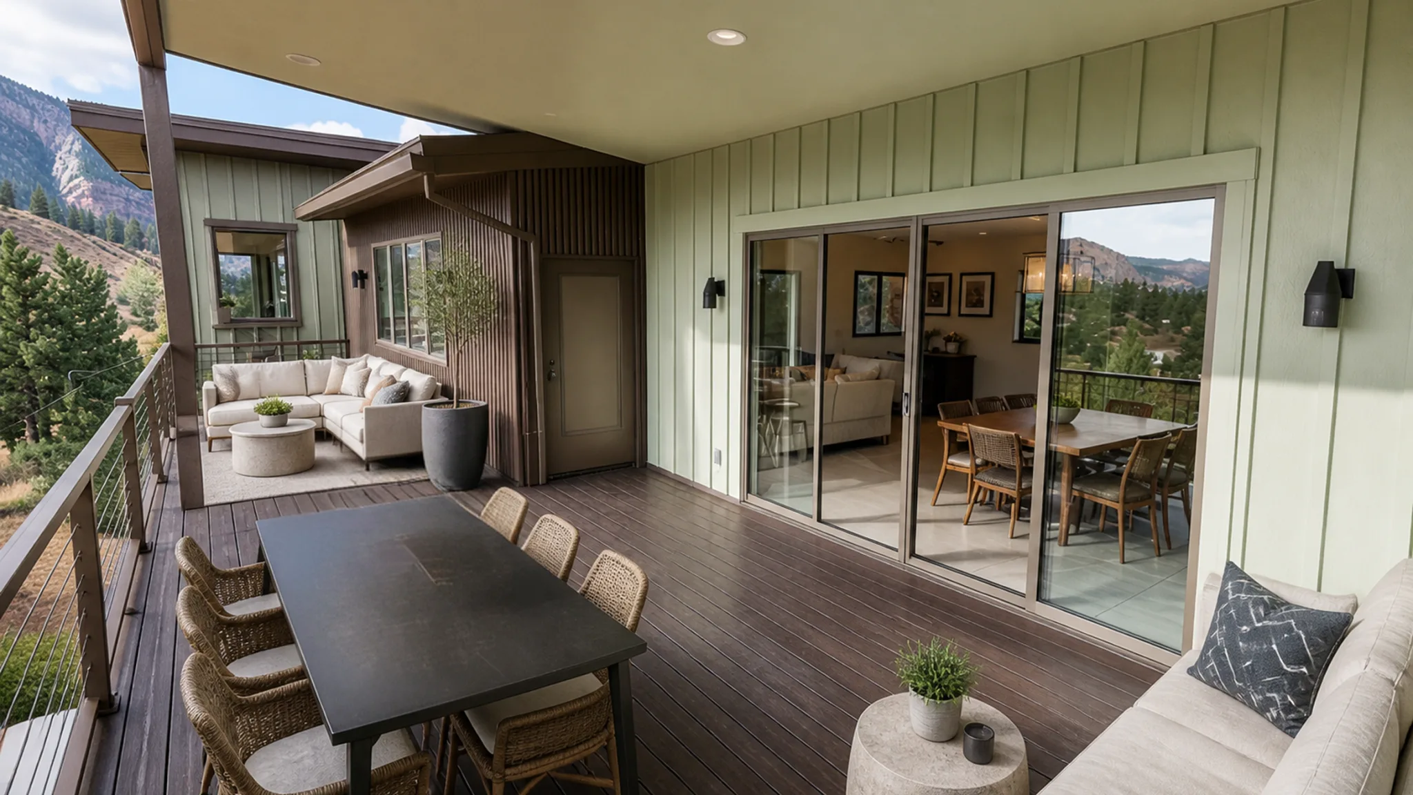 Spacious covered deck with dark dining table, rattan chairs, outdoor sectional sofa, green board-and-batten siding, sliding glass doors to interior, cable railings, and rocky mountain backdrop with pine trees