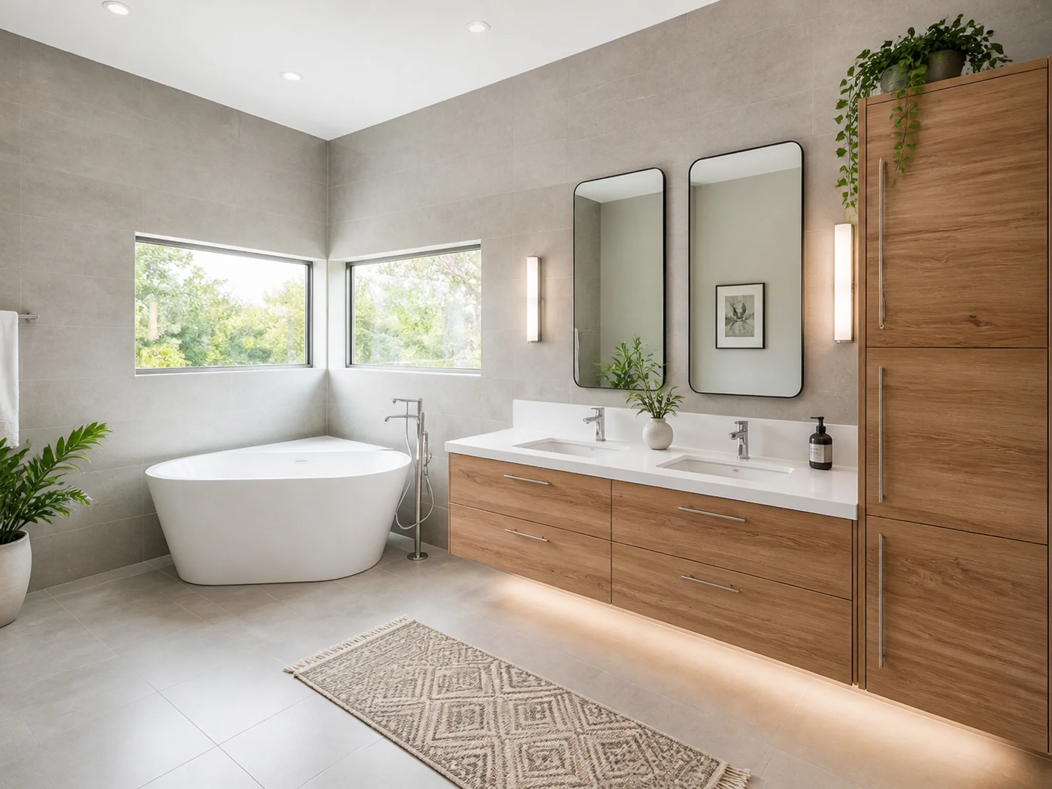 Primary bathroom with freestanding oval soaking tub, floating double vanity with wood drawers and wall-mounted lit mirrors, concrete-look tile walls and floor, and large windows with tree views