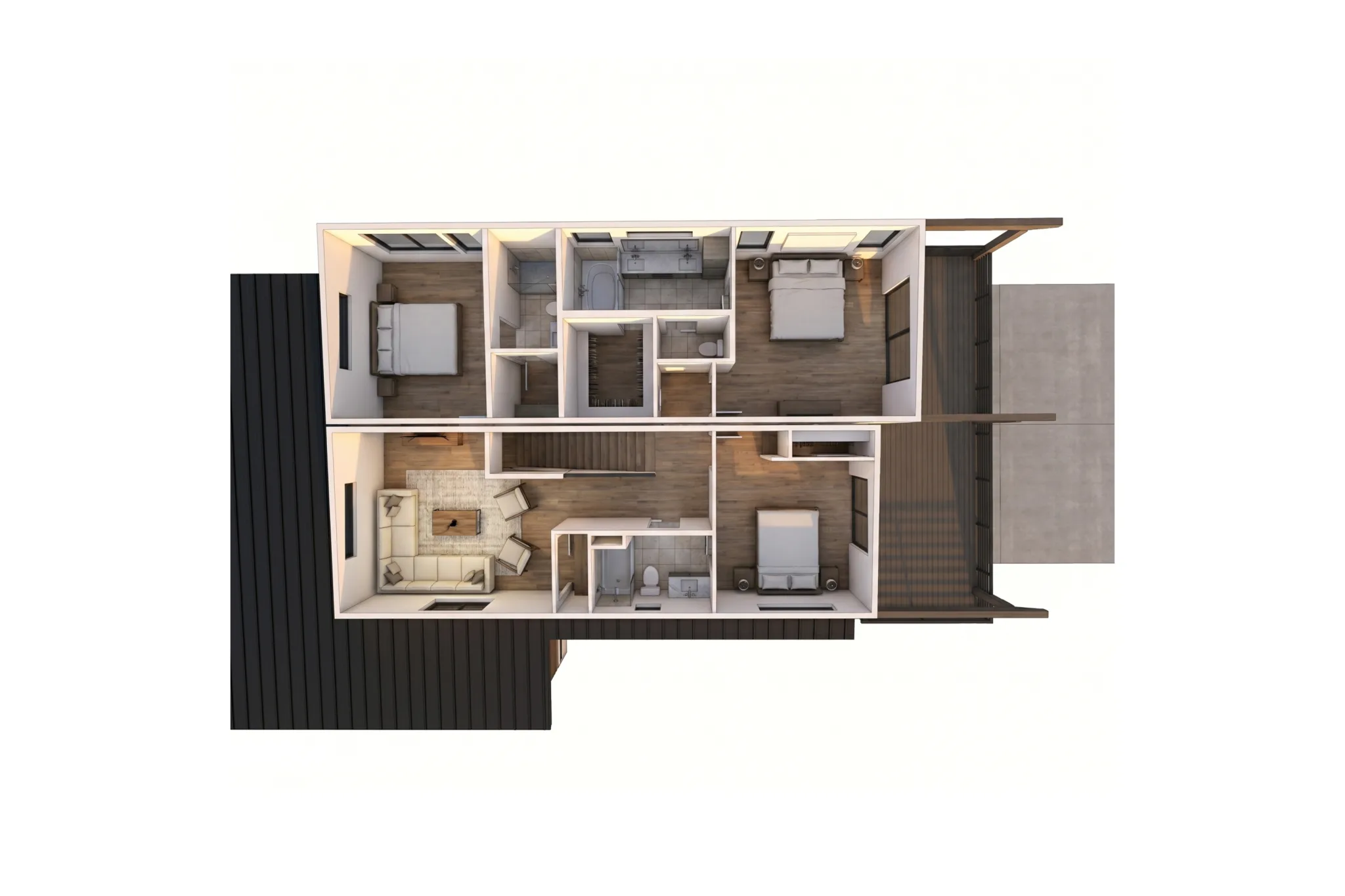 3D bird's-eye render of High Noon upper floor with two primary suites, bonus lounge, third bedroom, two bathrooms with tile, and covered deck surrounded by dark board-and-batten exterior