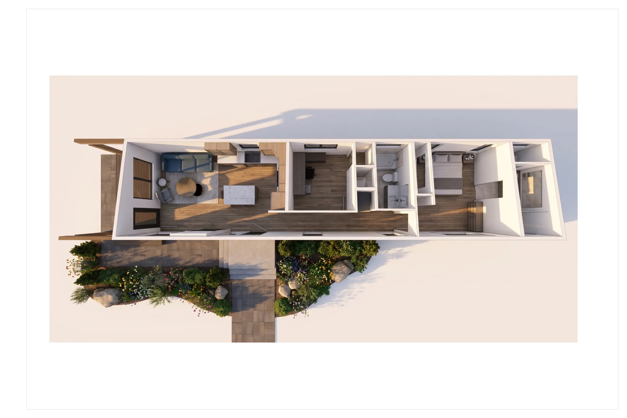 3D bird's-eye rendering of the Smartpads Hideaway elongated single-module home showing the full open-plan interior with two bedroom areas and surrounding landscaping