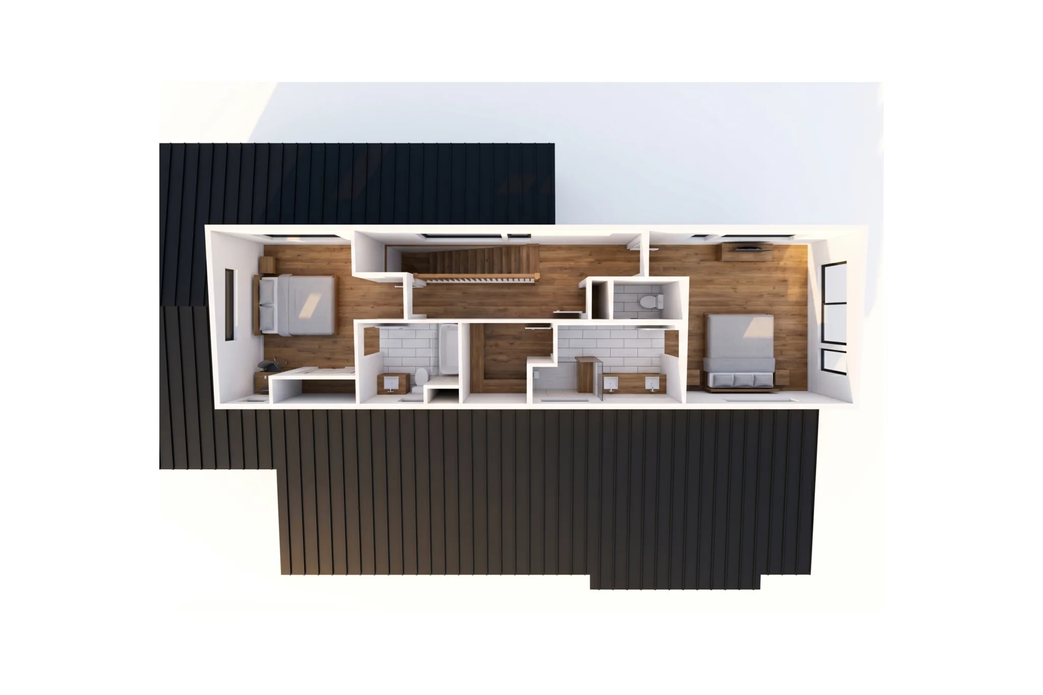 3D bird's-eye render of Twilight upper floor with primary bedroom, bedroom 3, two bathrooms with white tile, and staircase landing surrounded by dark board-and-batten exterior