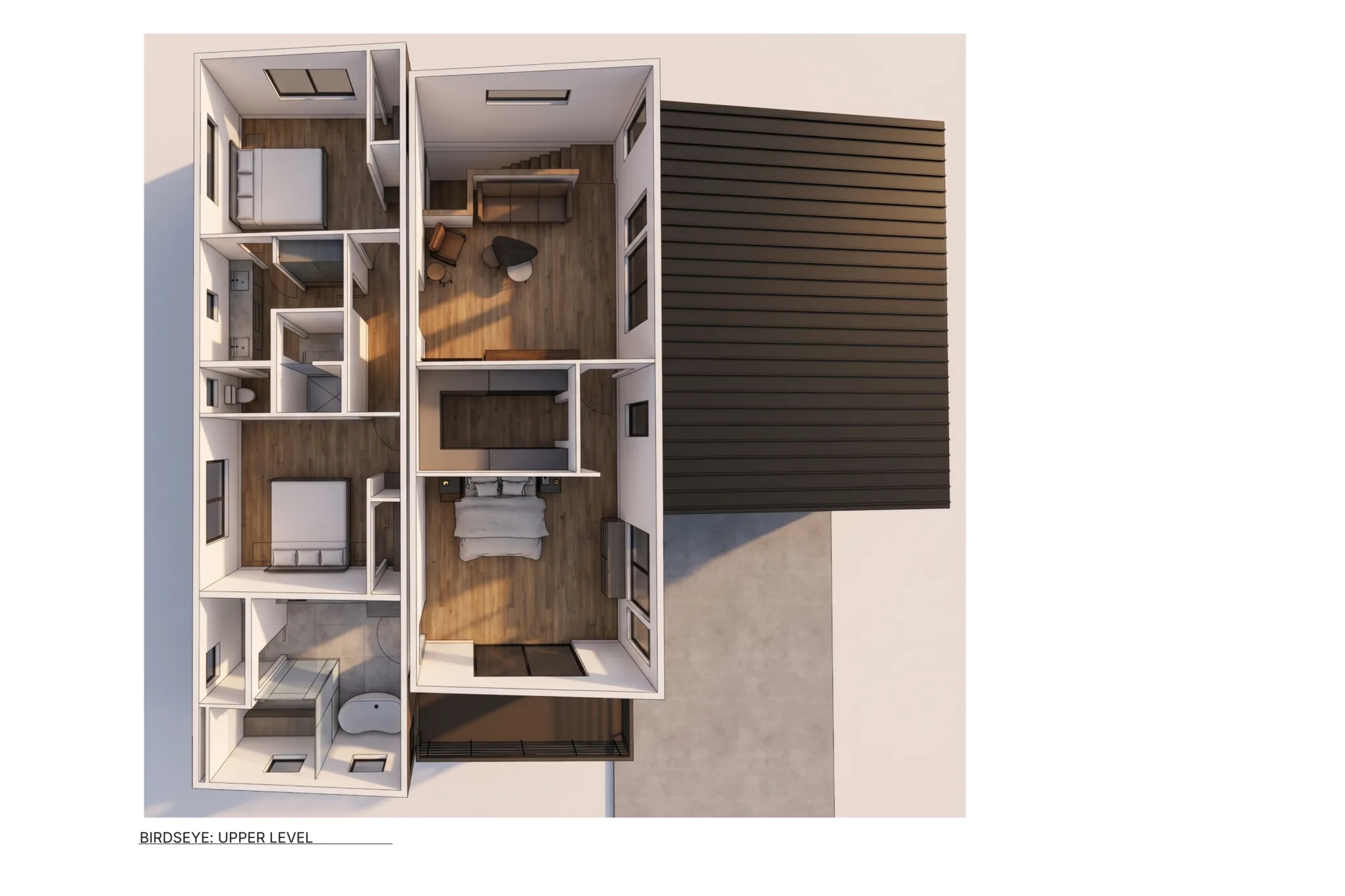 3D bird's-eye render of Skyview upper level with bonus lounge area, primary bedroom suite, two additional bedrooms, shared bath, and staircase surrounded by dark board-and-batten exterior
