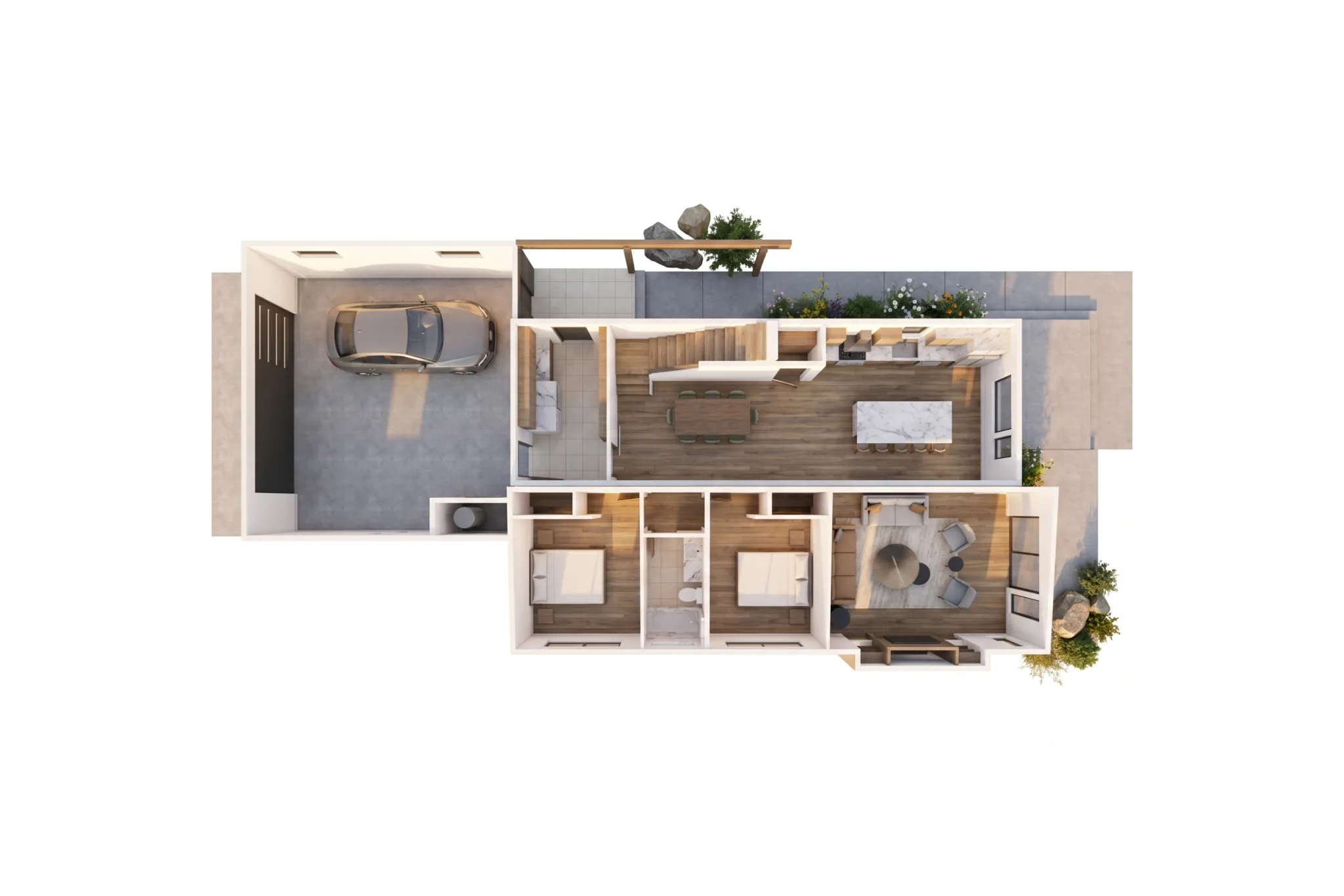 3D bird's-eye render of Twilight main floor with attached garage, open-plan kitchen and dining with wood floors and marble island, two bedrooms, and living area with modern furnishings