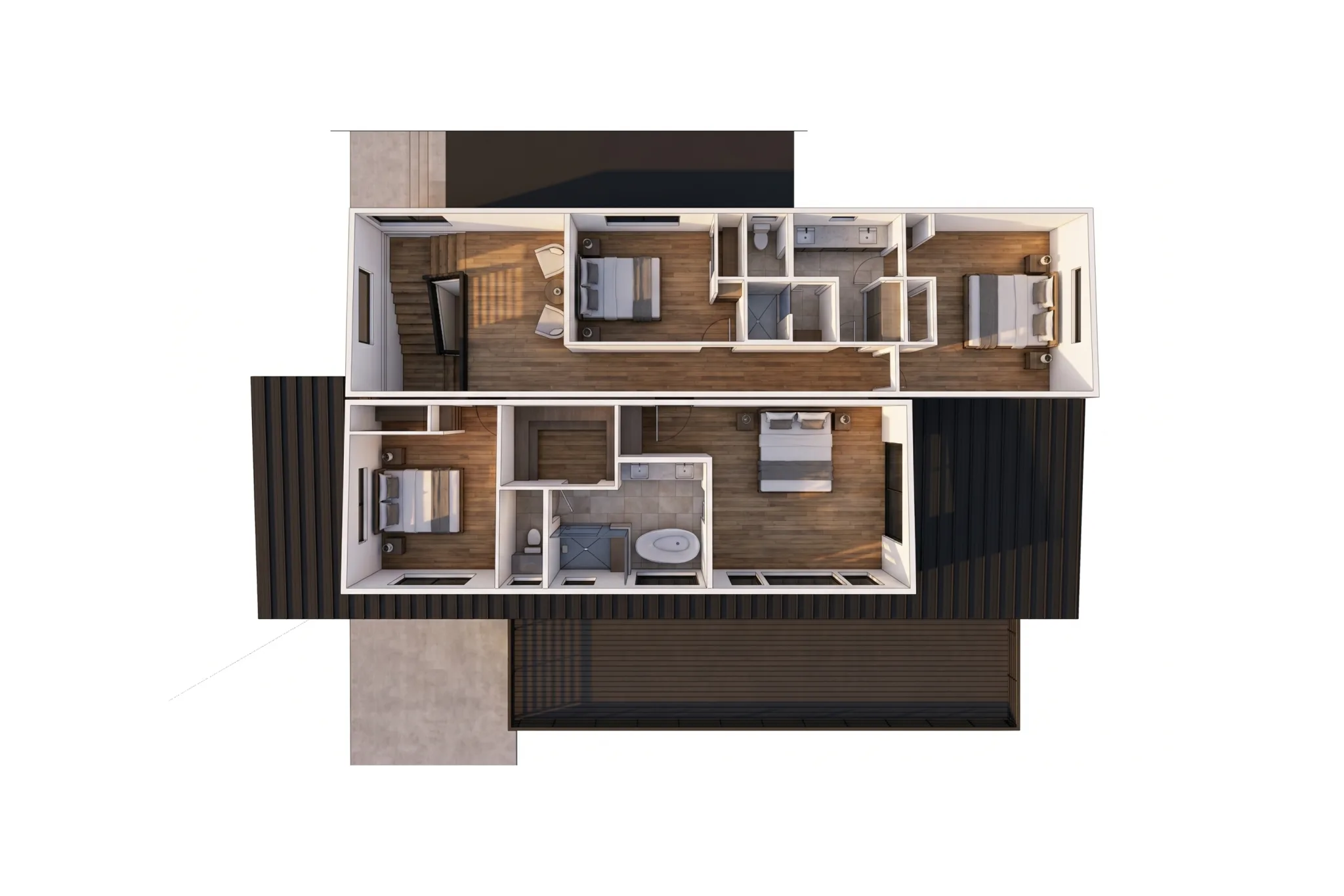 3D bird's-eye render of Sunlight upper level with primary bedroom suite featuring freestanding tub, two additional bedrooms, Jack-and-Jill bath, bedroom or office, and staircase landing with warm wood flooring throughout
