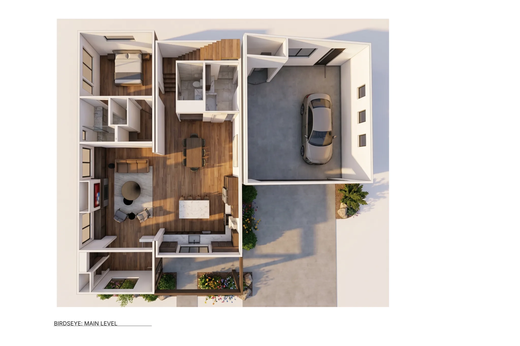 3D bird's-eye render of Skyview main level with attached garage, primary bedroom suite, open living room and dining area with wood floors, kitchen with marble island, mudroom, and covered porch with landscaping