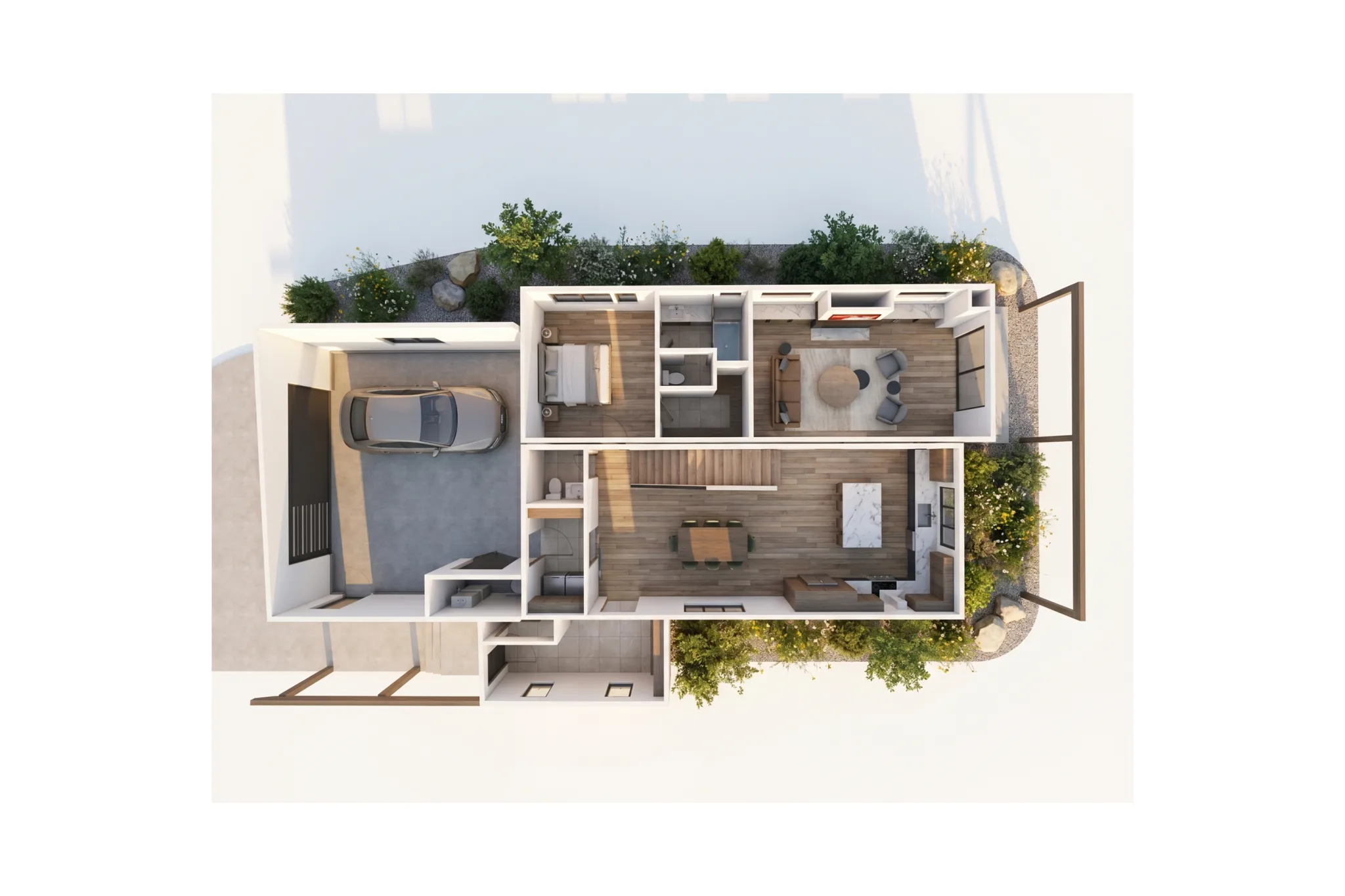 3D bird's-eye render of High Noon main floor with attached garage, primary bedroom suite, open-plan kitchen and dining with marble island, living area with modern furnishings, and covered porch with landscaping