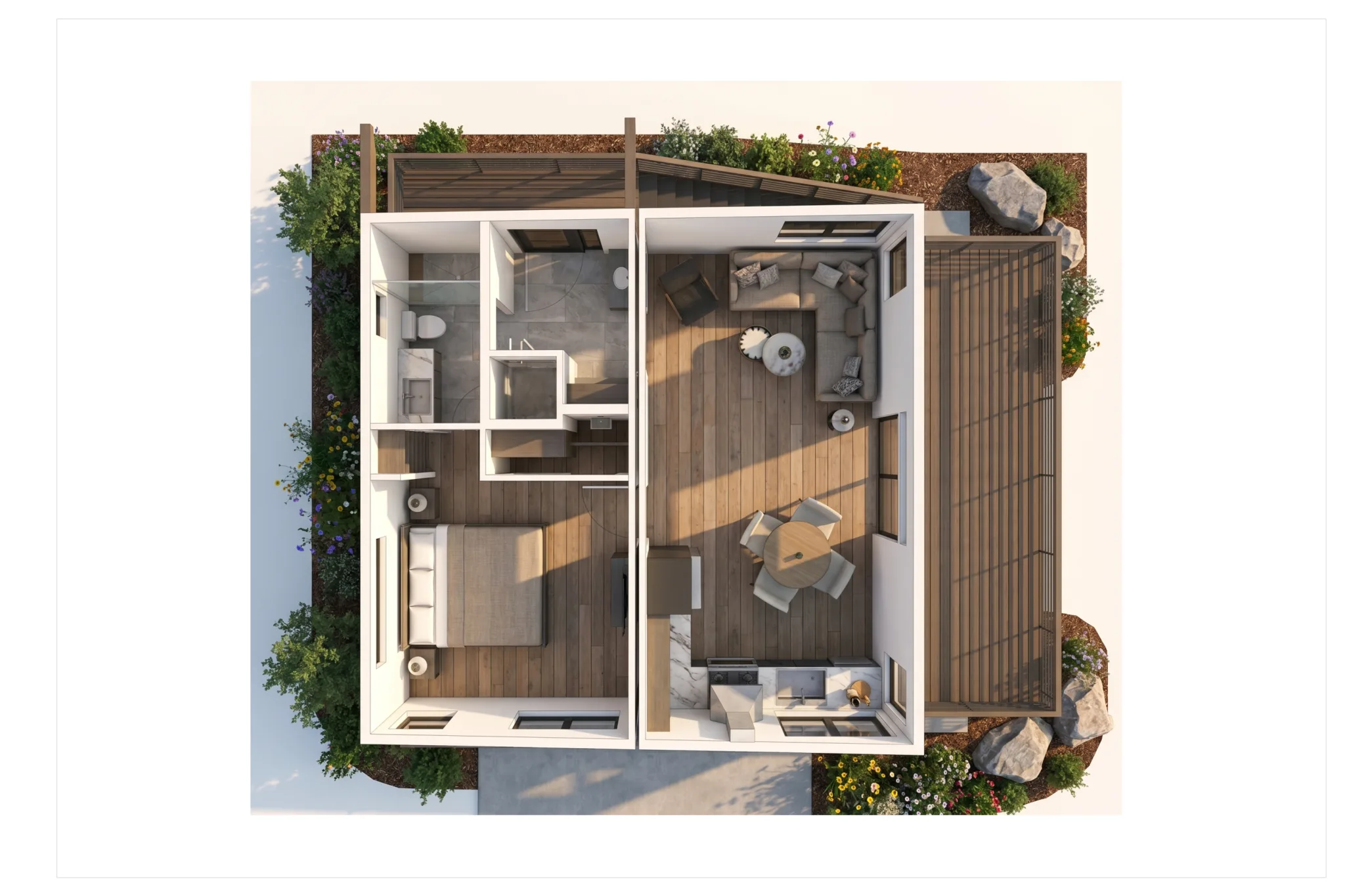 3D bird's-eye rendering of the Smartpads Trailhead modular home showing bedroom module with bathroom and open-plan living and dining module with outdoor deck and landscaping
