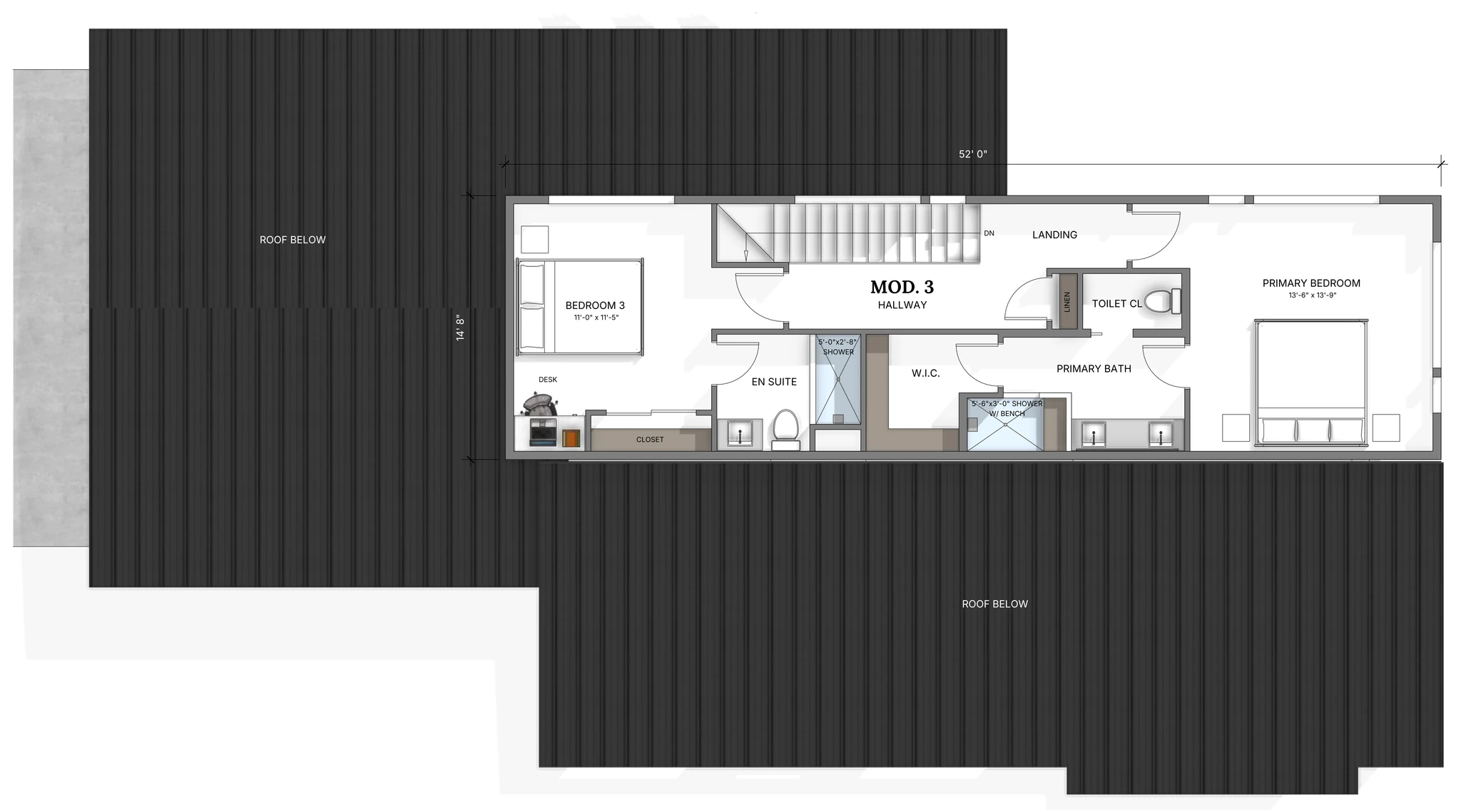 Twilight upper floor plan showing primary bedroom with en suite bath and walk-in closet, bedroom 3 with en suite, hallway, and staircase across a 52-foot-wide layout