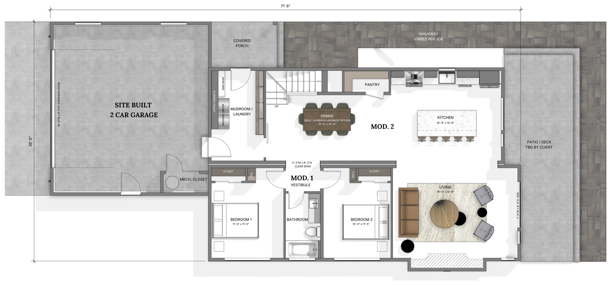 Twilight main floor plan showing 2-car garage, covered porch, mudroom and laundry, dining area, kitchen, living room, two bedrooms, and bathroom across a 71-foot-6-inch wide layout