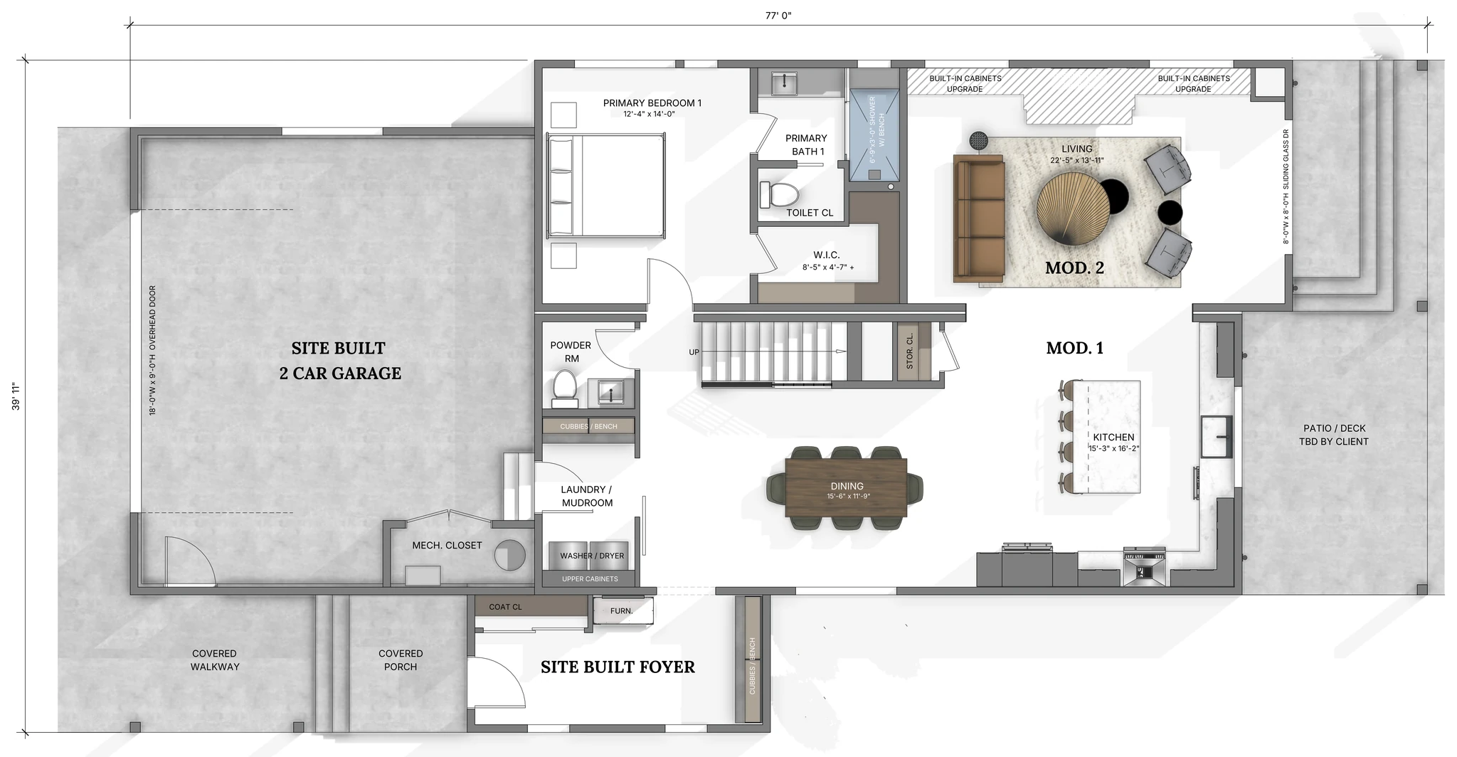 High Noon main floor plan showing 2-car garage, covered foyer, laundry and mudroom, primary bedroom suite with bath and walk-in closet, powder room, open living room, kitchen, and dining area across a 77-foot-wide layout