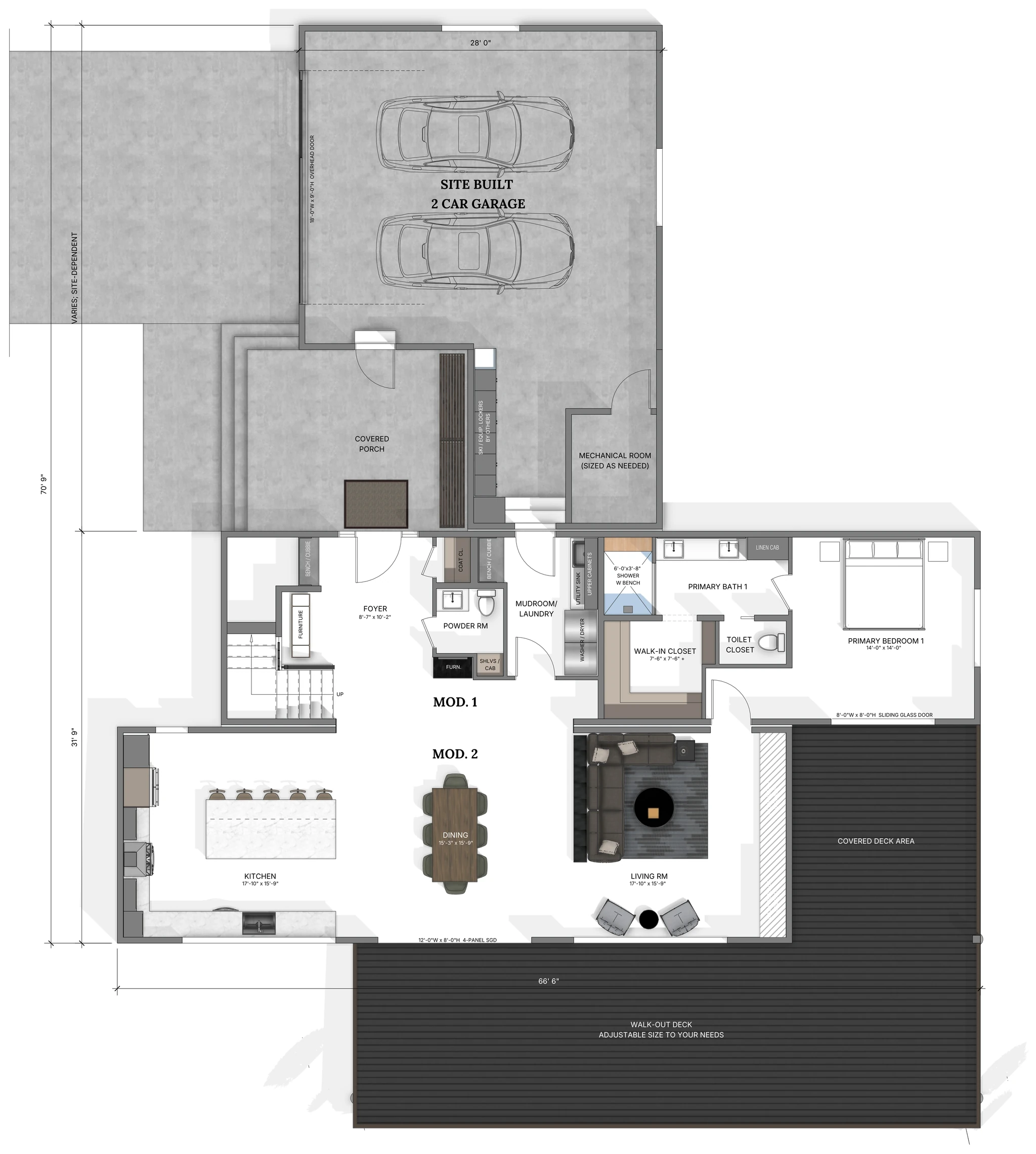 Sunlight main floor plan showing 2-car garage, covered porch, foyer, powder room, mudroom and laundry, primary bedroom suite with bath and walk-in closet, open kitchen, dining area, living room, and walk-out deck
