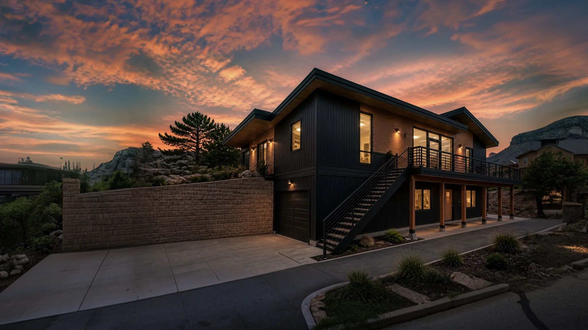 Modern two-story home with dark corrugated metal siding and exterior staircase beneath a dramatic orange and purple sunset sky