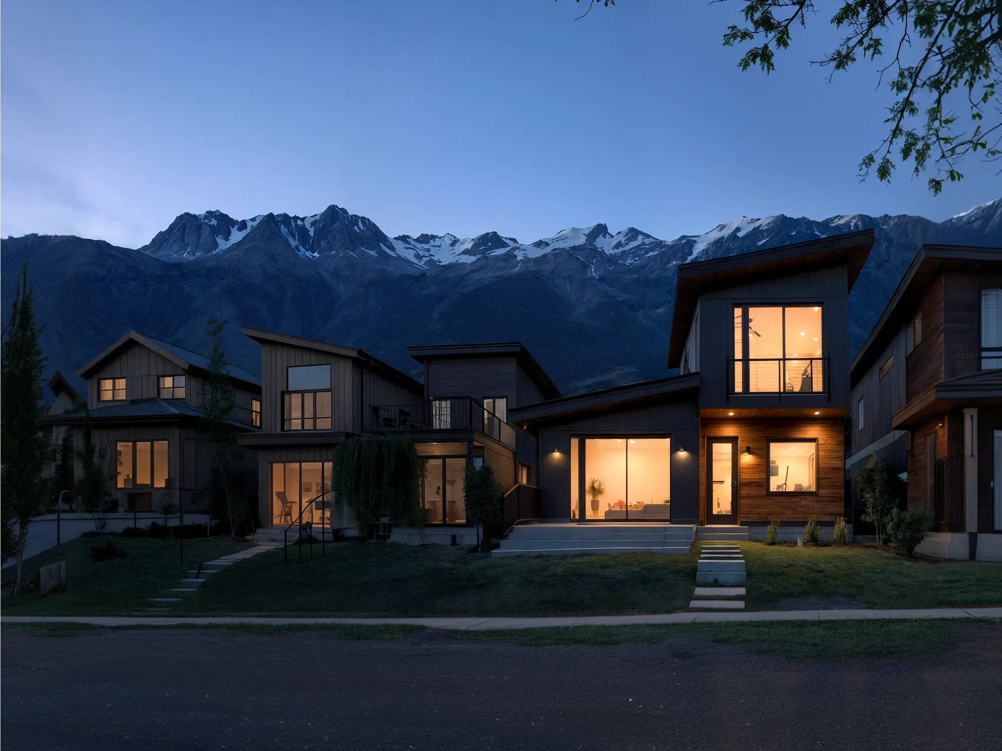 Row of two-story modular homes with wood and dark siding lit up at night, with snow-capped peaks towering directly behind