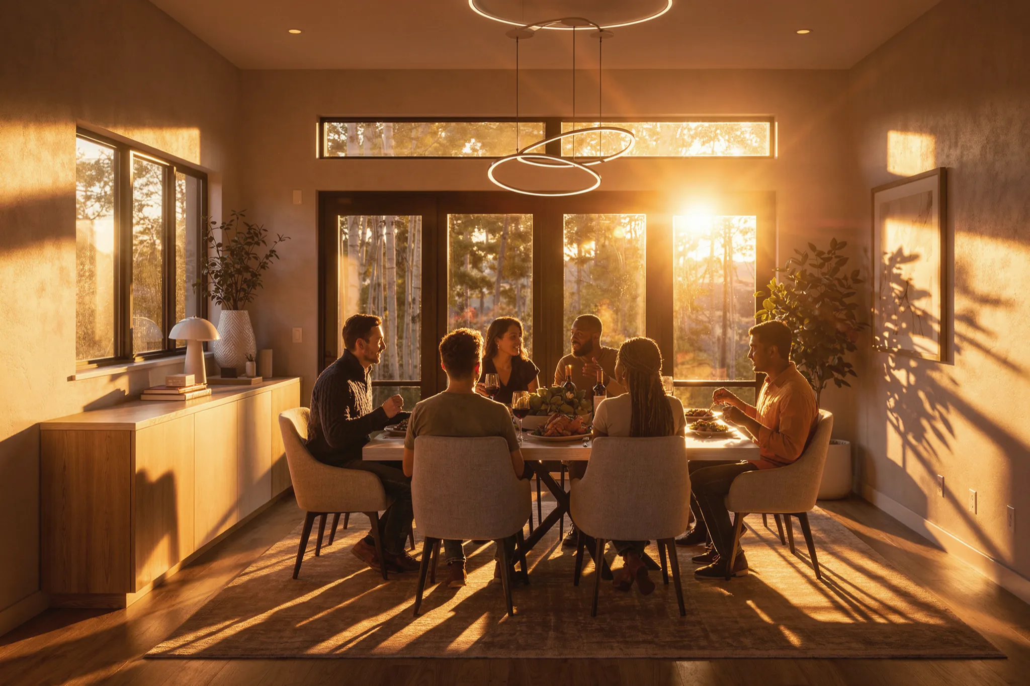 Friends and family gathered around a dining table in warm golden sunset light inside a Smartpads home