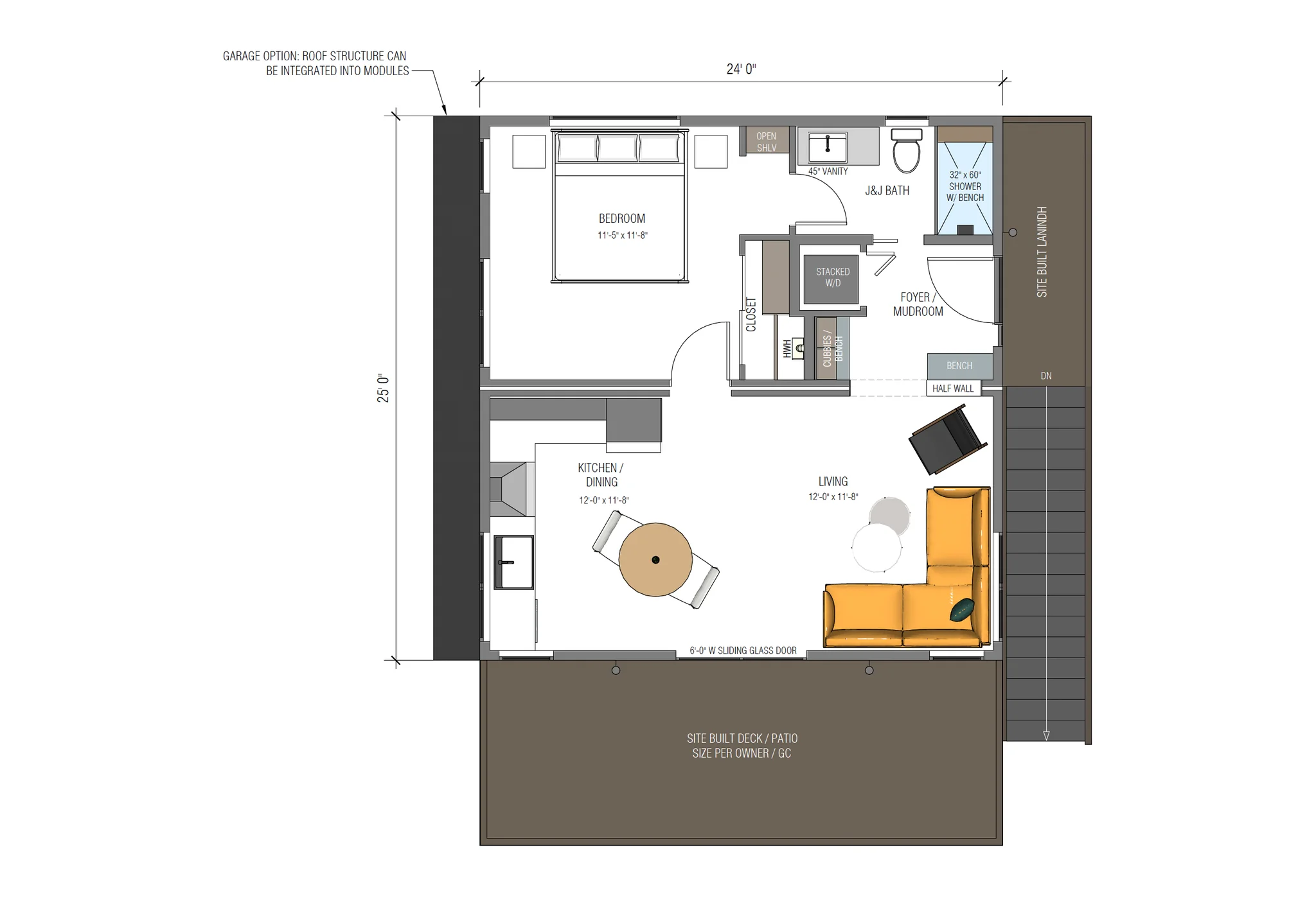 Smartpads Trailhead floor plan diagram showing single-level 24x25-foot layout with bedroom, open kitchen and dining, living room, J&J bathroom with bench shower, foyer and mudroom, and covered deck patio