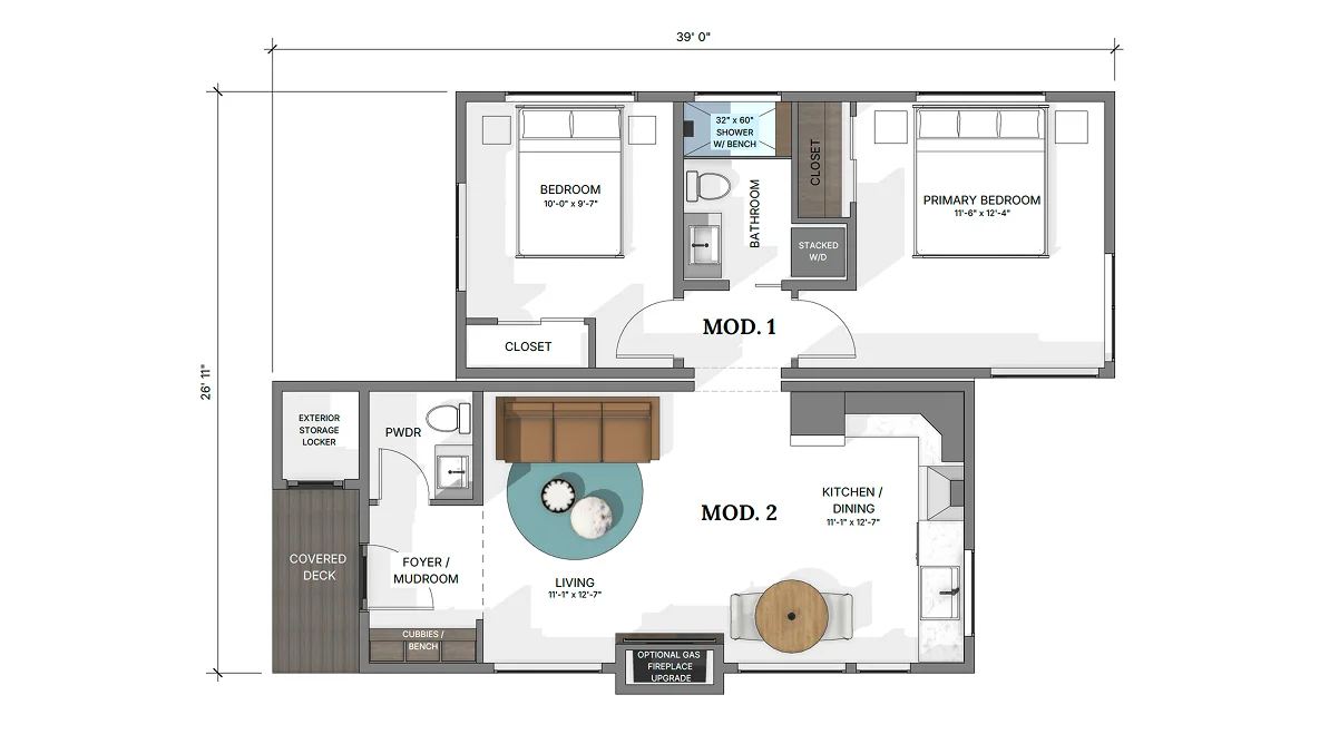 Smartpads Gateway floor plan diagram showing two-module 39-foot layout with primary bedroom and en suite, second bedroom, shared bathroom, open kitchen and dining, living room, foyer and mudroom, exterior storage, and covered deck