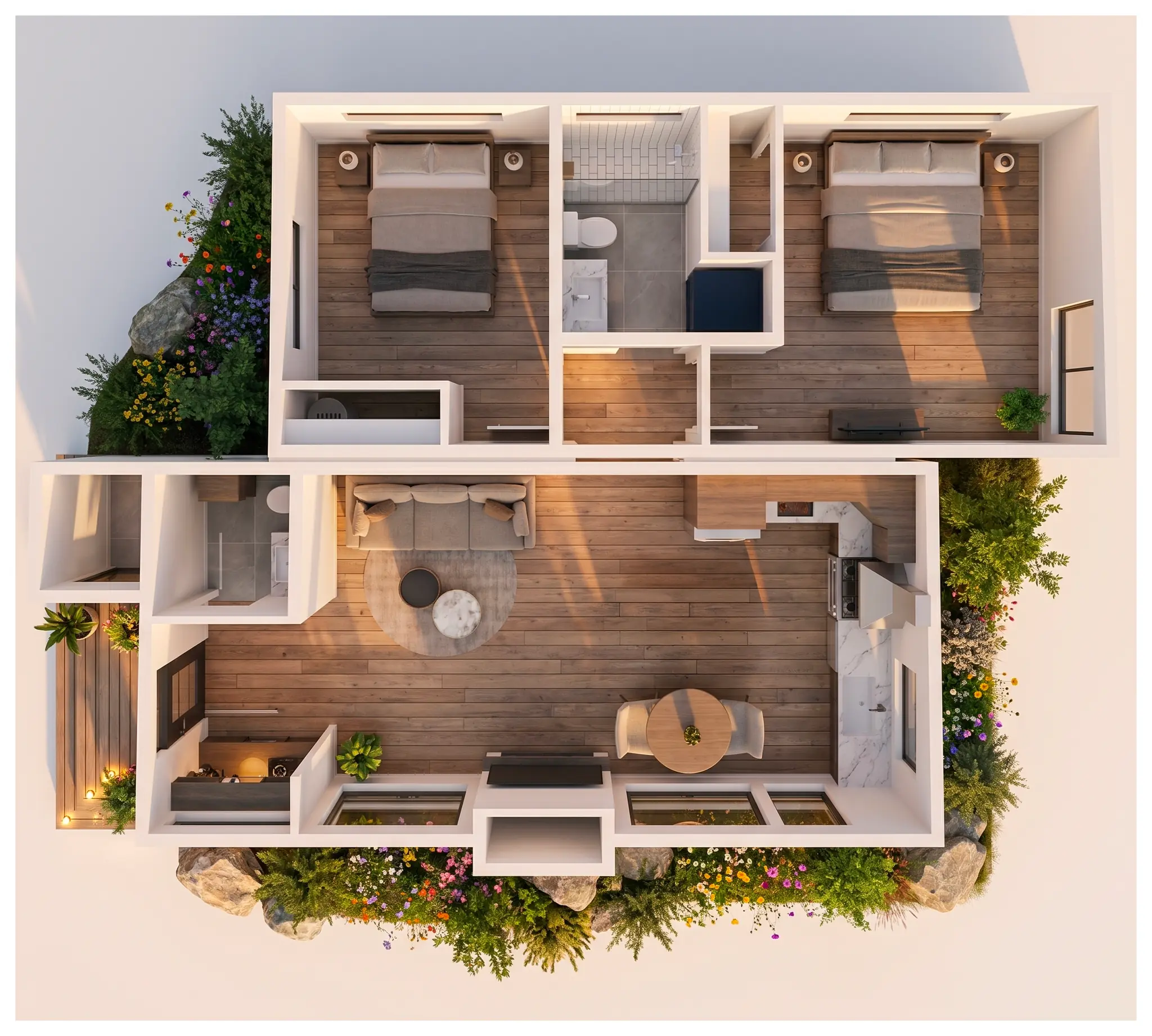 3D bird's-eye rendering of the Smartpads Gateway two-module home showing bedroom and bathroom module alongside open-plan living and kitchen area with surrounding landscaping