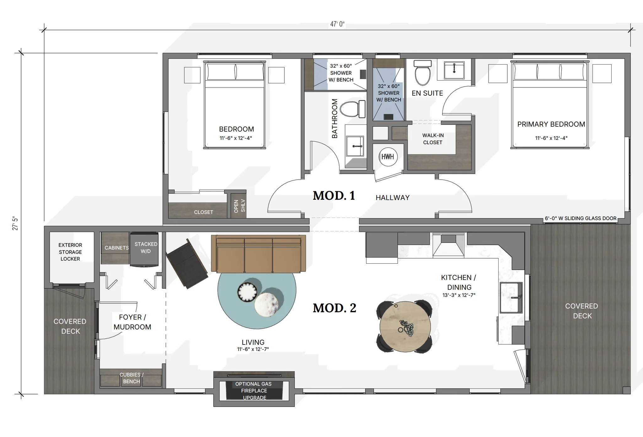 Smartpads Outpost floor plan diagram showing two-module 47-foot layout with primary bedroom, en suite, walk-in closet, second bedroom, shared bathroom, kitchen and dining, living room, two covered decks, and mudroom with cubbies
