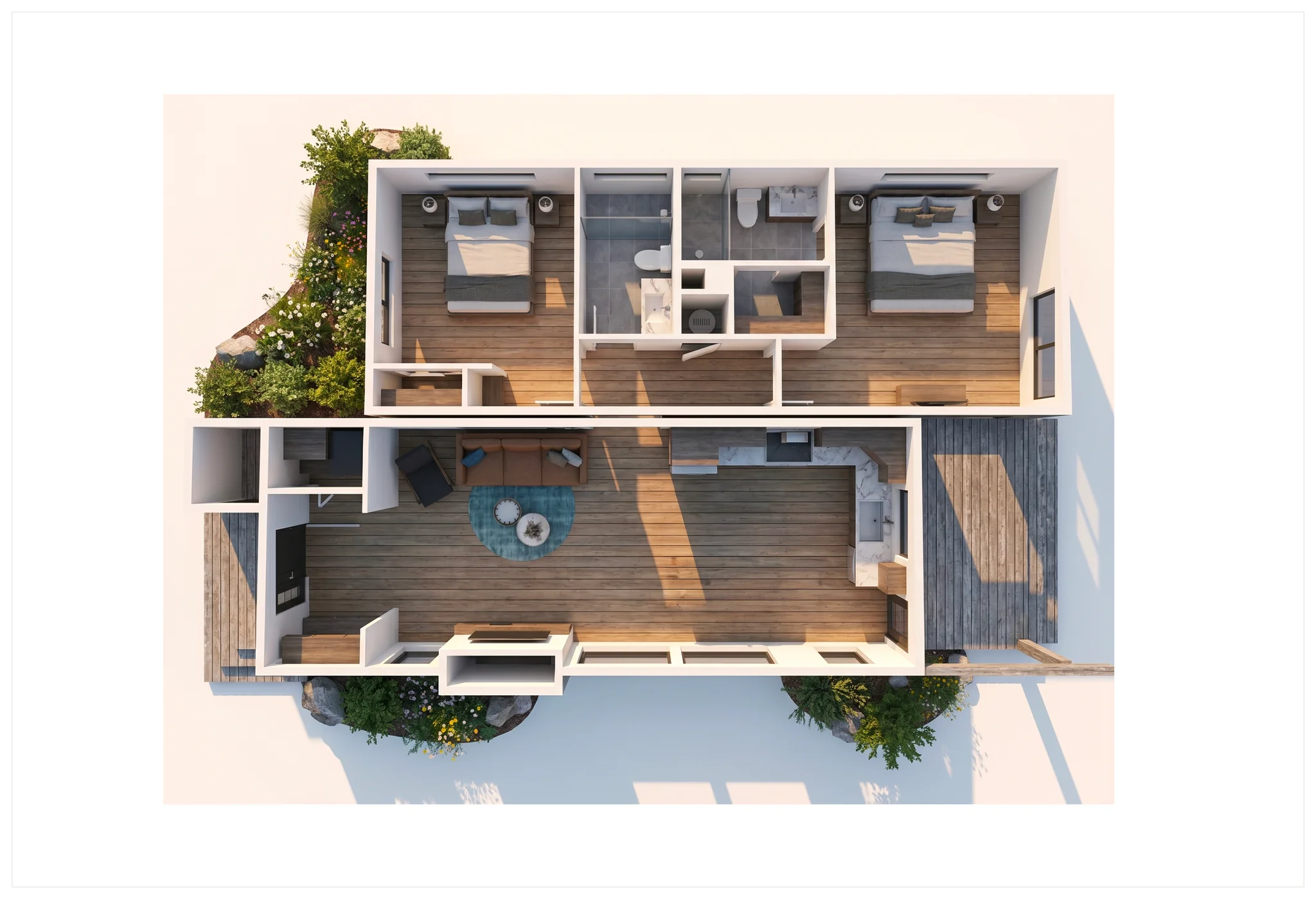 3D bird's-eye rendering of the Smartpads Outpost two-module home showing primary suite and second bedroom in one module with open living and kitchen in the other