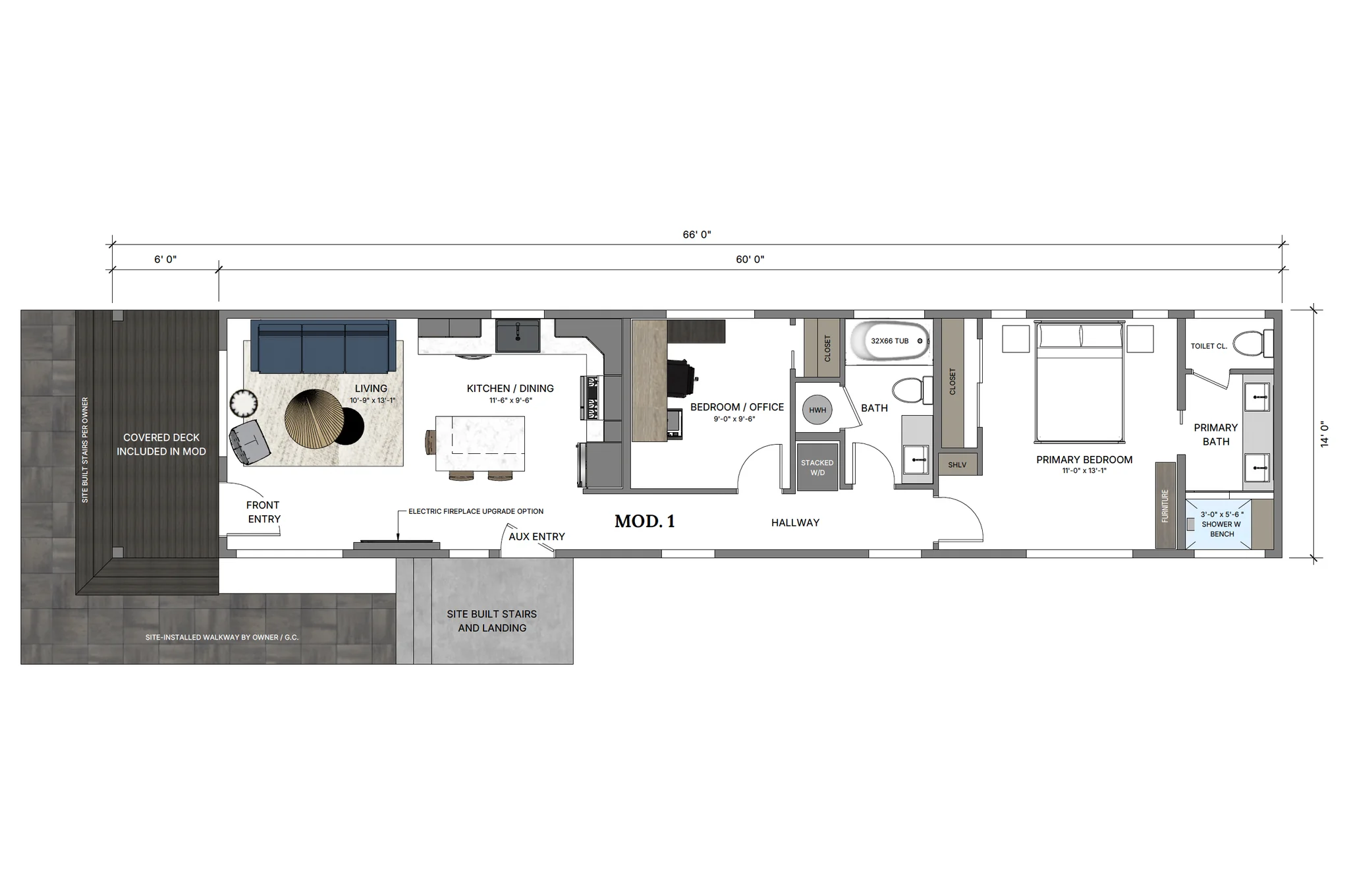 Smartpads Hideaway floor plan diagram showing single-module elongated 66-foot layout with bedroom, full bath with soaking tub, primary bedroom with en suite shower, open kitchen and dining, living room, mechanical room, and covered front porch