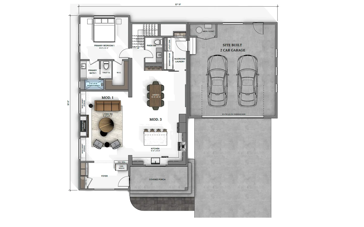 Skyview main floor plan showing 2-car garage, covered porch, foyer, mudroom and laundry, powder room, primary bedroom suite with bath and walk-in closet, open living room, dining area, and kitchen across a 57-foot-11-inch wide layout