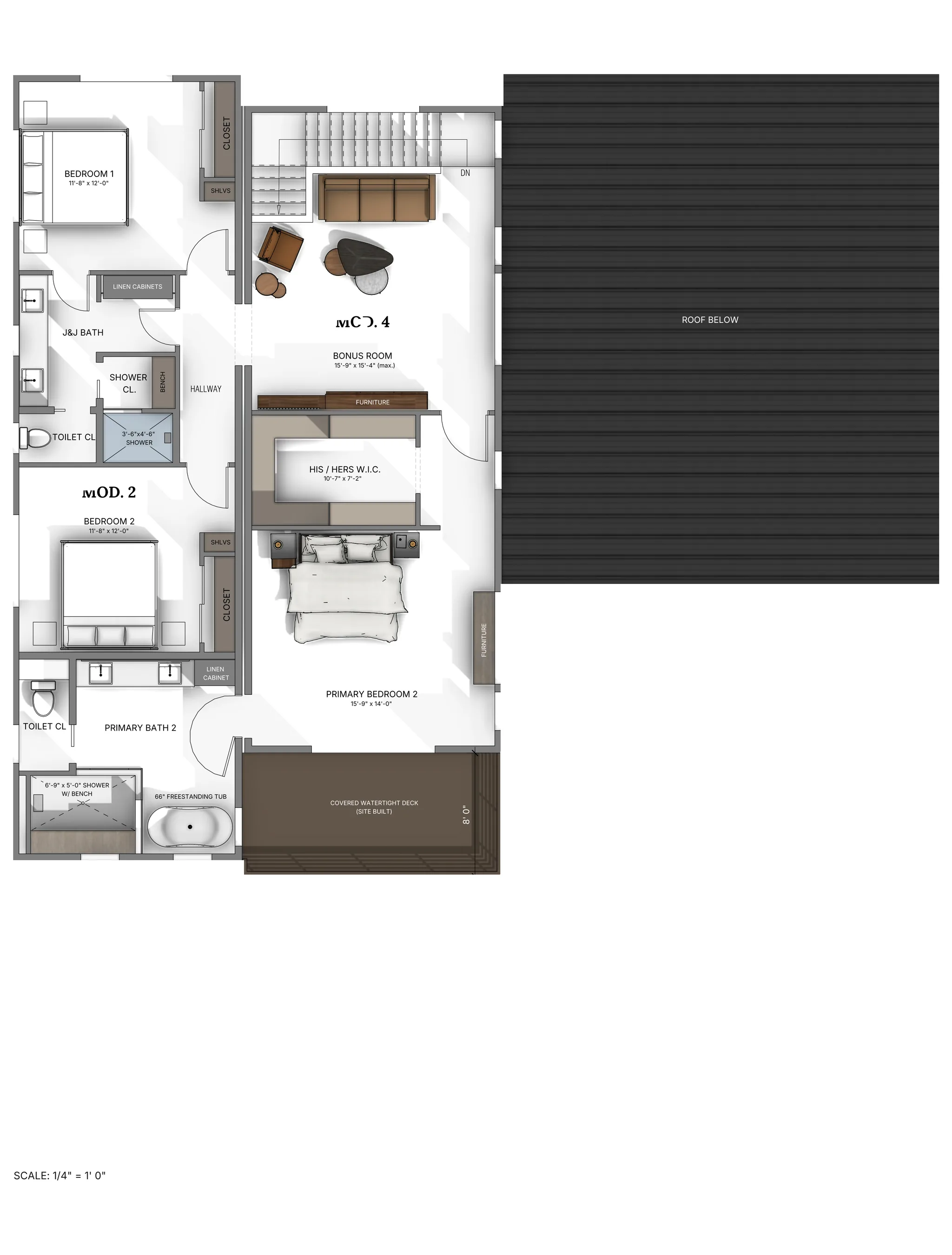 Skyview upper floor plan showing primary bedroom suite with his-and-hers walk-in closet and luxury bath with freestanding tub, bonus lounge room, two additional bedrooms with Jack-and-Jill bath, hallway, and covered deck