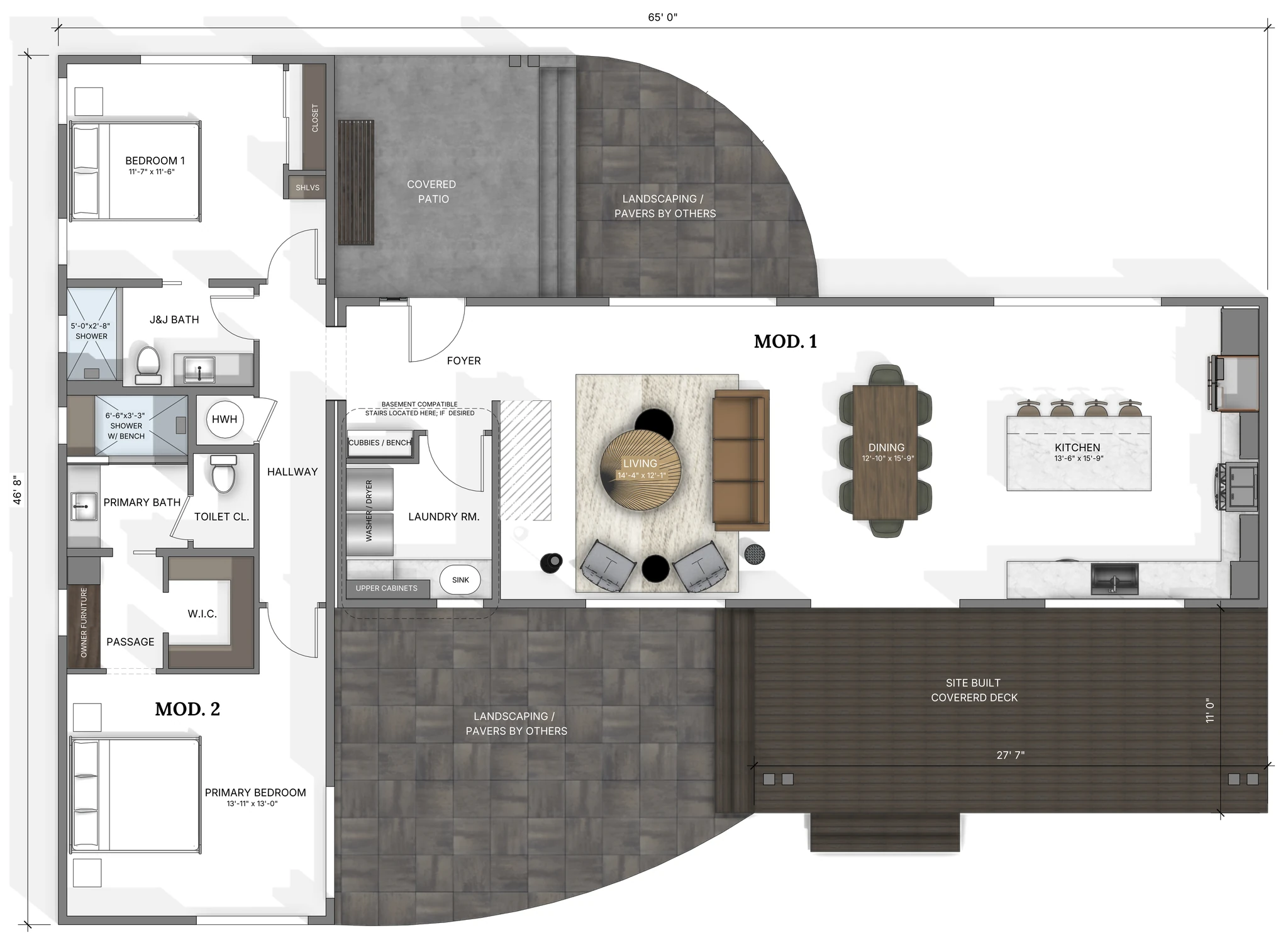 Floor plan showing two-bedroom layout with kitchen, dining, living areas, laundry room, bathrooms, covered patio, and deck.