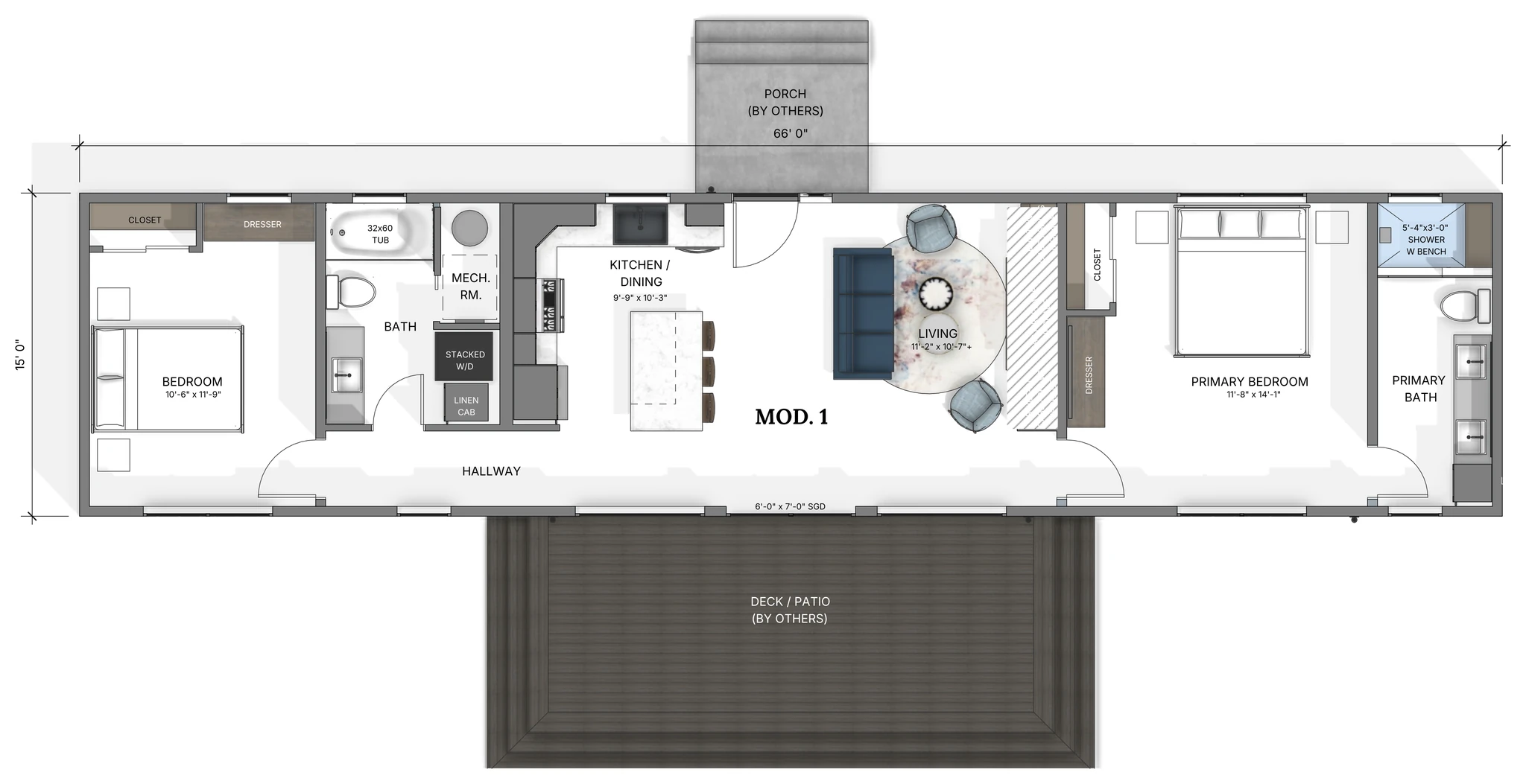 Fireside main floor plan showing bedroom, full bath with soaking tub, kitchen and dining, living room, primary bedroom with en suite shower, mechanical room, covered porch, and deck across a 66-foot-wide layout