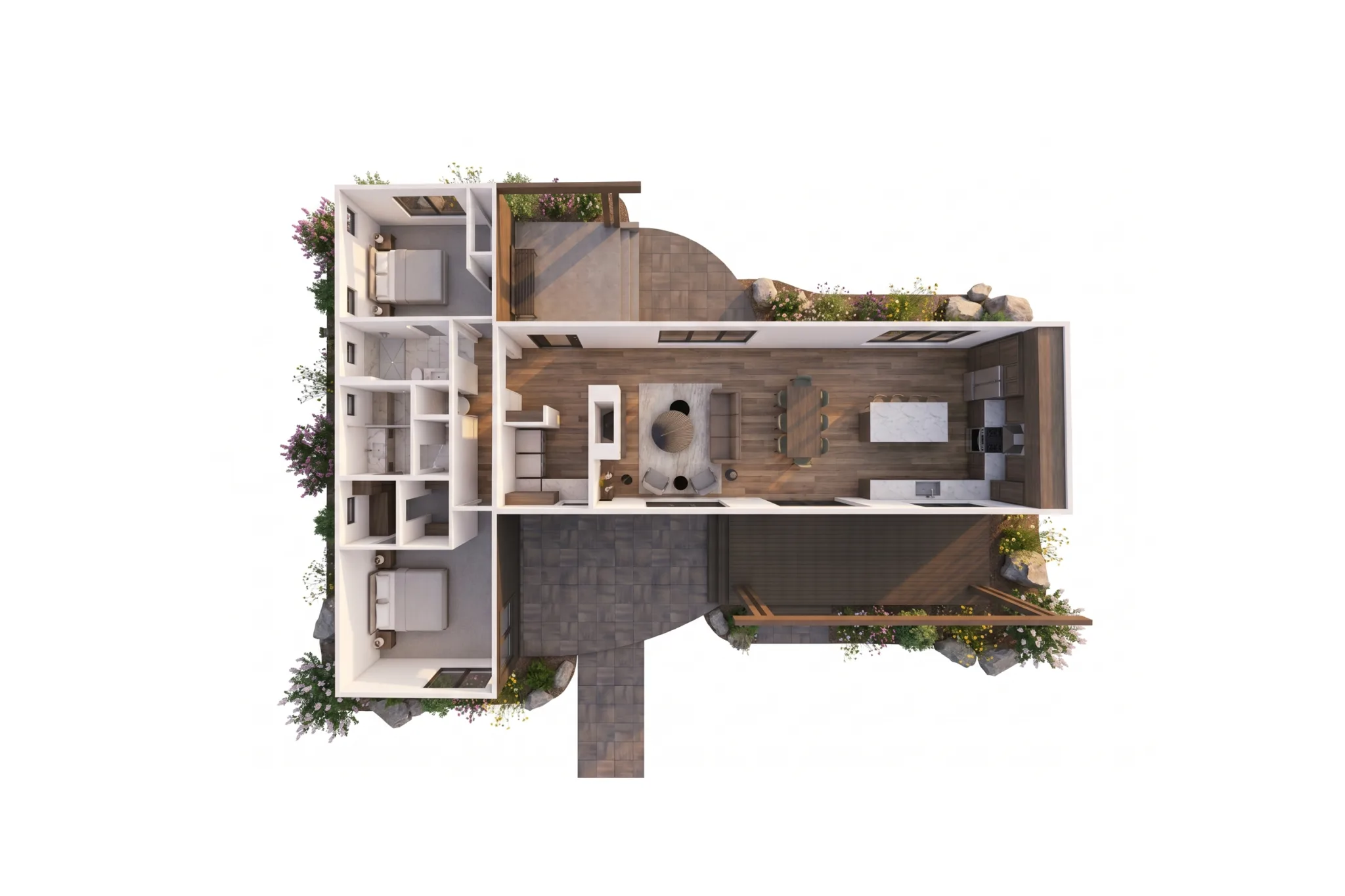 3D bird's-eye render of Telemark main floor with two bedroom wings, primary suite, kitchen with marble island, open living and dining with wood floors, covered deck, and natural landscaping