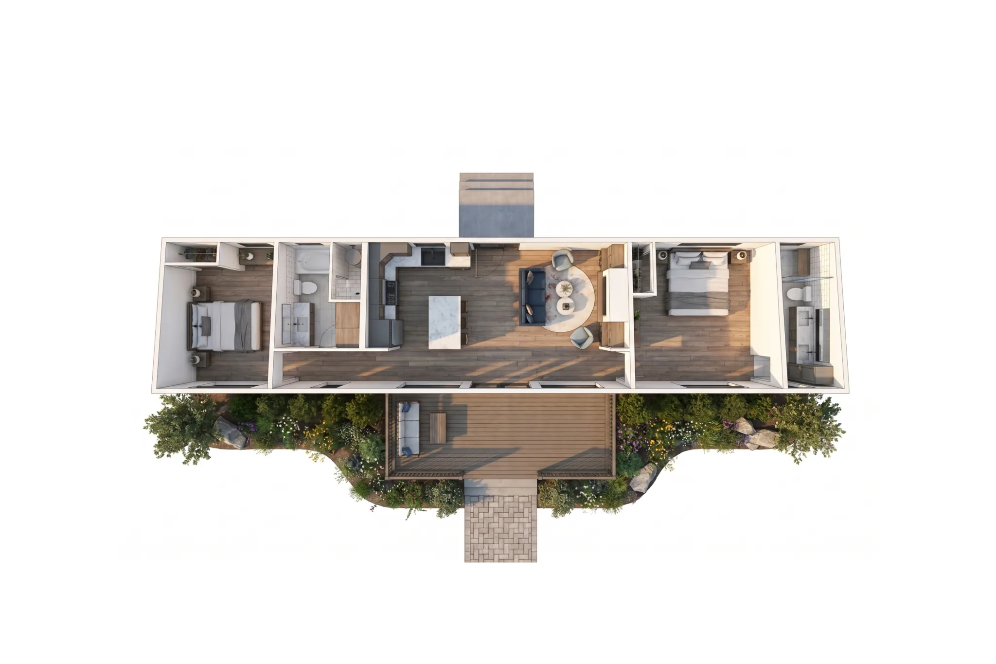 3D bird's-eye render of Fireside main floor with two bedrooms, primary bath, kitchen with marble island, open living and dining area, wood-deck porch, and natural landscaping