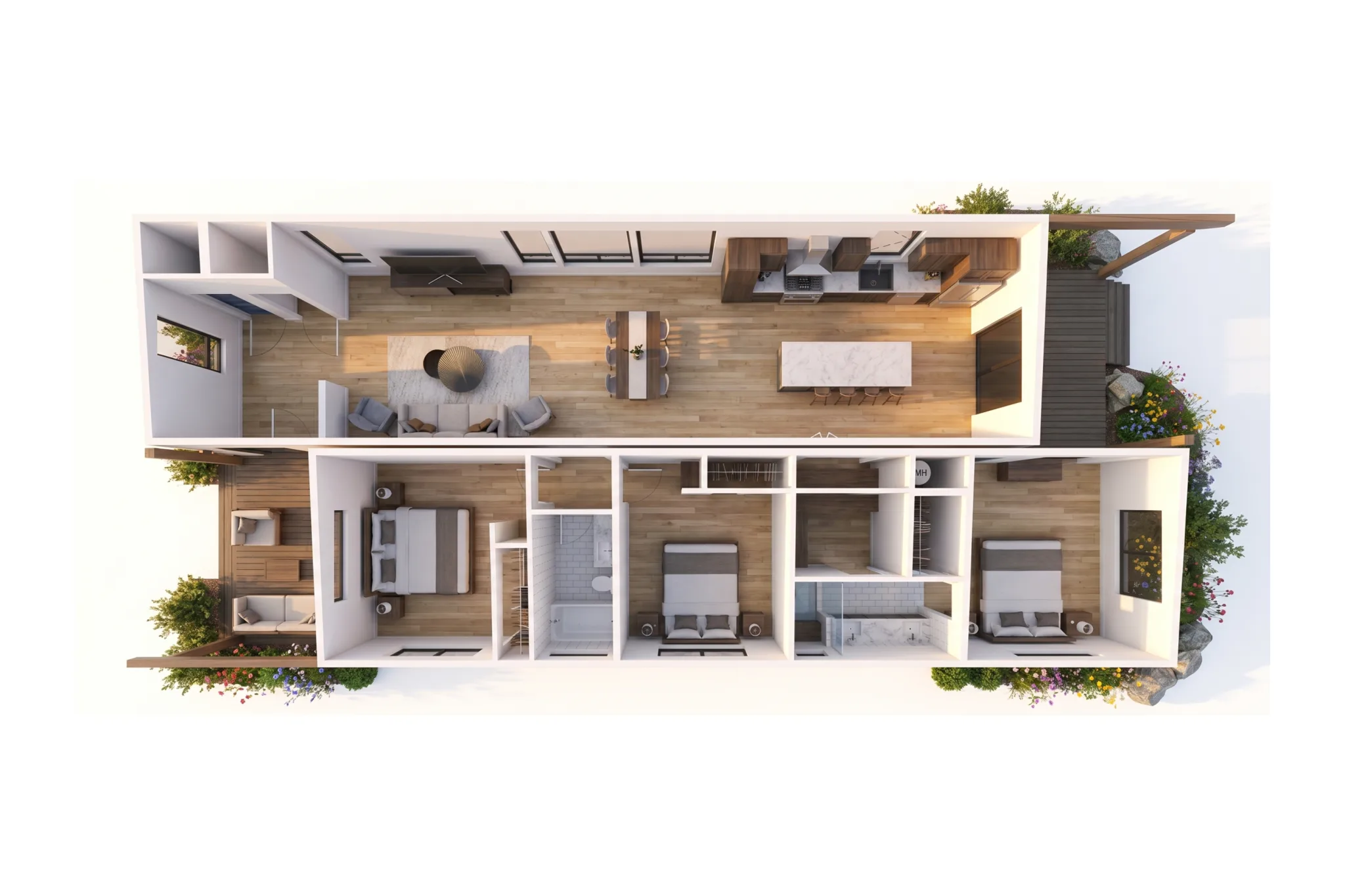 3D bird's-eye render of Snow Trace main floor with open kitchen featuring marble island, dining area, living room with fireplace, mudroom, three bedrooms, and covered decks on both sides