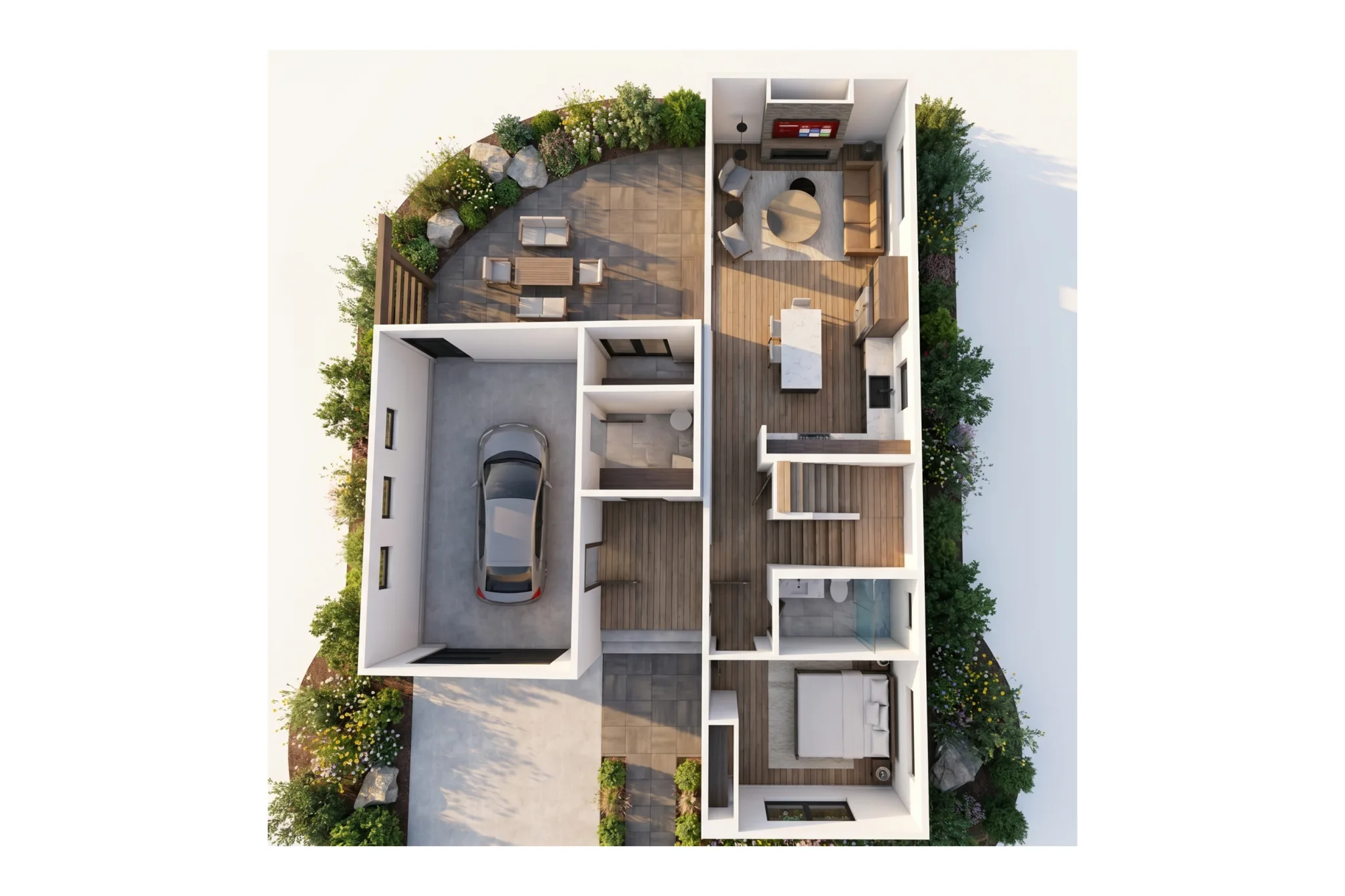 3D bird's-eye render of Powder Run main floor with attached garage, covered porch, open living area, kitchen with marble island, dining, bedroom, bathroom, staircase, and natural landscaping